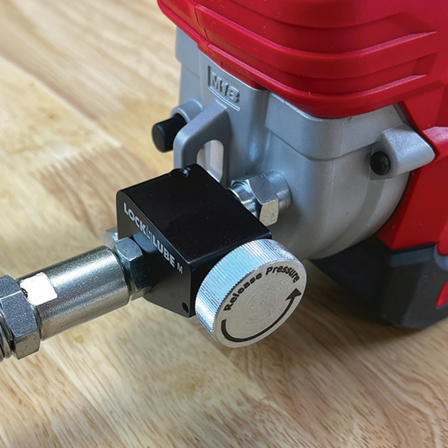 LockNLube Pressure Return Valve for Cordless Grease Guns, Steel, Compatible with Milwaukee M18, Black, Model LNL81300-M