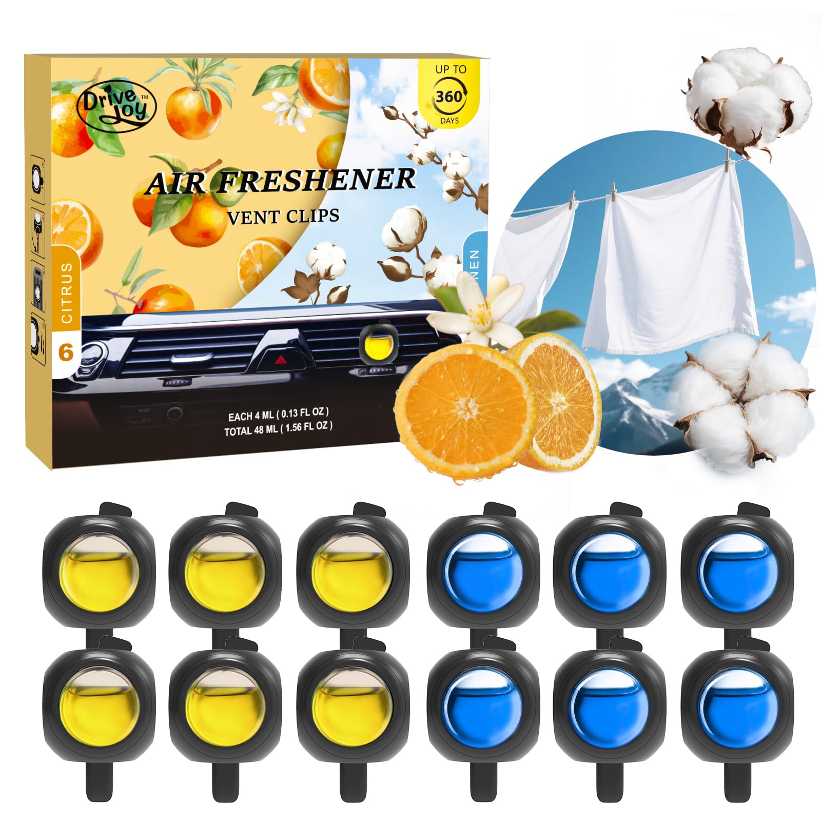 Car Air Freshener Vent Clips, 12 Pack, 6 Linen, 6 Citrus, Provides Long-Lasting Scent, Up to 360 Days, Car Fresheners