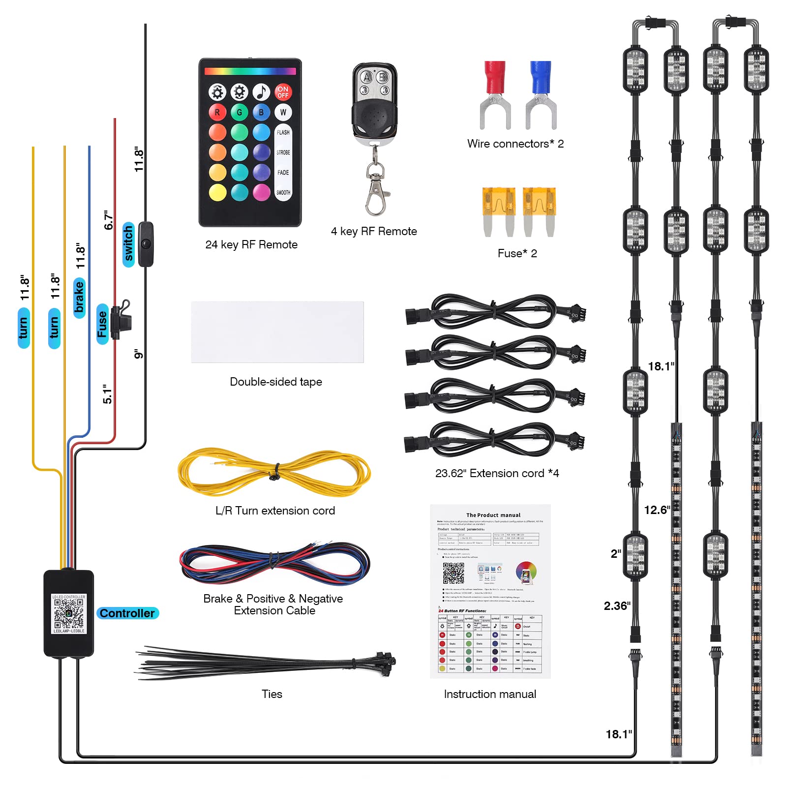 LD DARKEAGLE 14PCS Motorcycle RGB LED Lights Kit, Waterproof Underbody Lights with APP/RF Remote Control, ABS Plastic, Multicolor