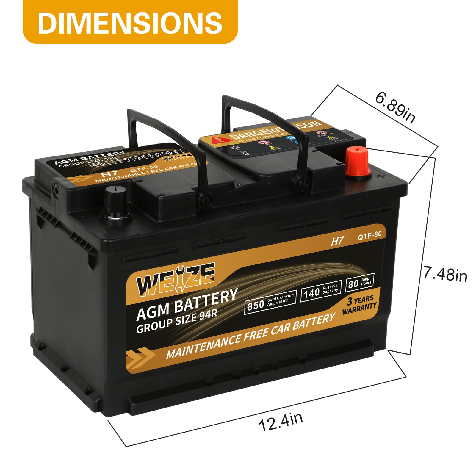 Weize Platinum Agm Battery Bci Group 94R - 12V 80Ah H7 Size 94R Automotive Battery, 140Rc, 850Cca, 36 Months Warranty, Dimension