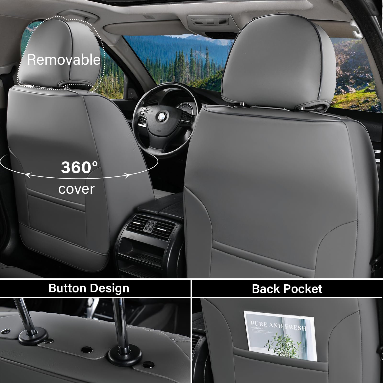 Coverado Car Seat Covers Front Seats, 2 Piece Car Seat Protector With Removable Headrest, Nappa Leather Breathable Front Seat Cu