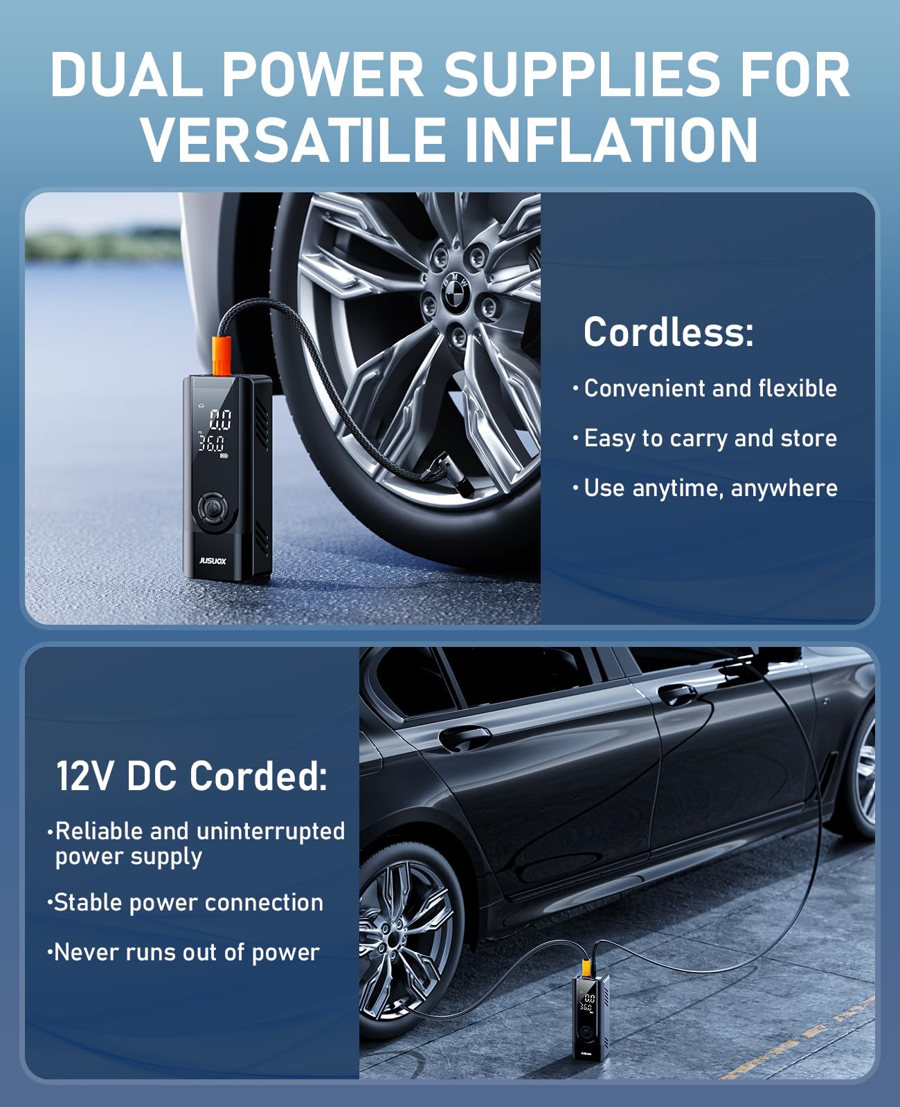 Tire Inflator Portable Air Compressor, 150Psi Cordless Air Pump For Car Tires, Battery & 12V Dc Dual Power Electric Bike Tire Pu