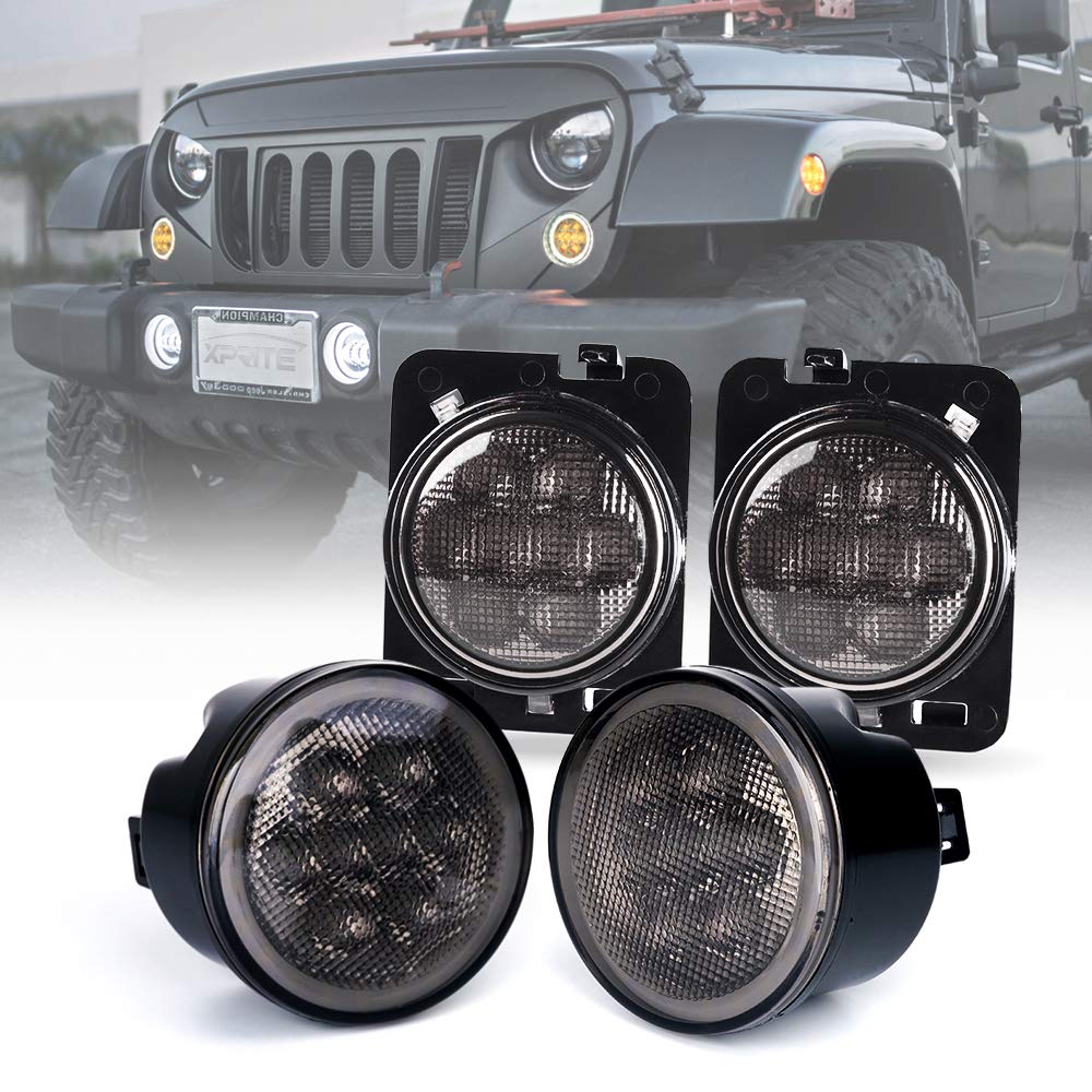 Xprite Led Turn Signal Lights W/White Drl Halo, Smoked Lens Fender Side Marker Lights Indicator Lamp Compatible With 2007-2018 J