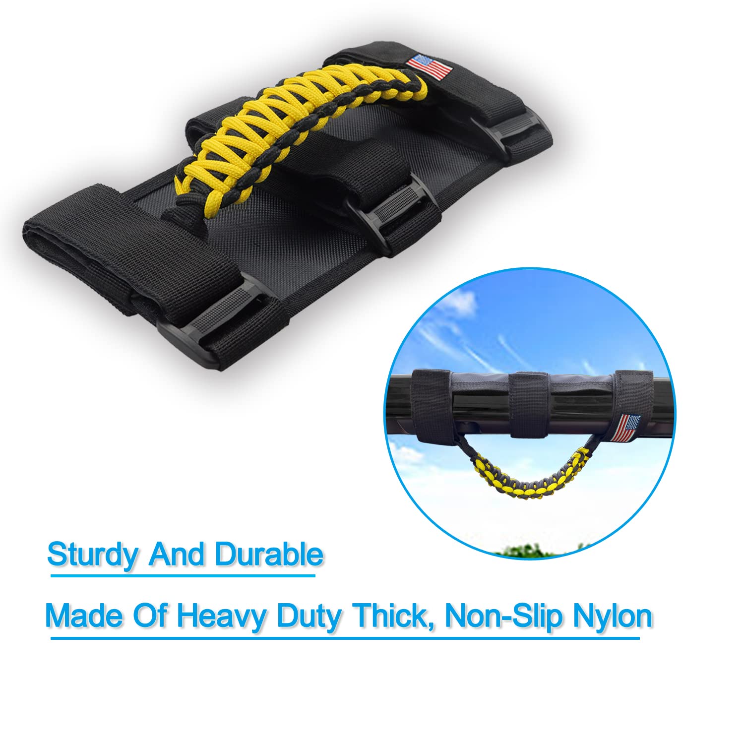 Kohuipu Roll Bar Grab Handles With Us Flag, Paracord Grip Handle For Jeep Wrangler Jk Jku Jl Jlu Tj Cj Yj & Gladiator Jt, Yellow