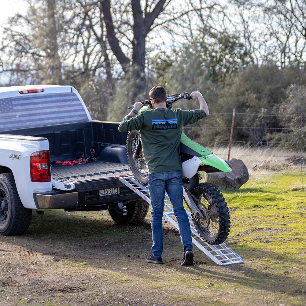 Pit Posse PP2755 Aluminum Folding Truck Ramp - 7.5ft, 750lbs Capacity, Silver, Includes Bonus Strap Tie-Down for Motorcycle Loading