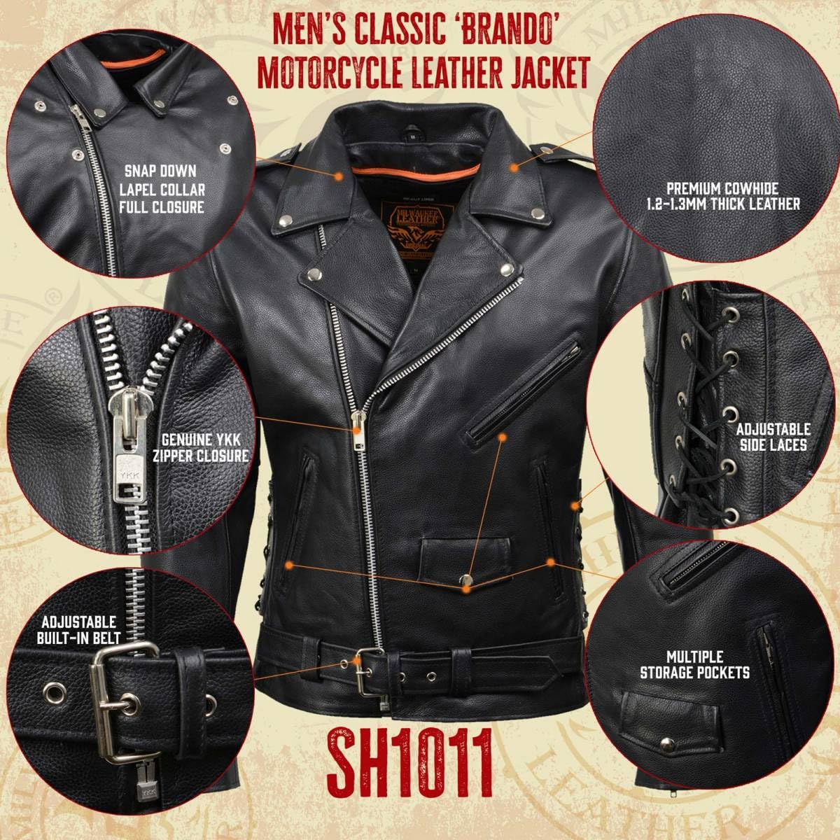 Milwaukee Leather Sh1011 Black Classic Brando Motorcycle Jacket For Men Made Of Cowhide Leather W/Side Lacing - Xx-Large