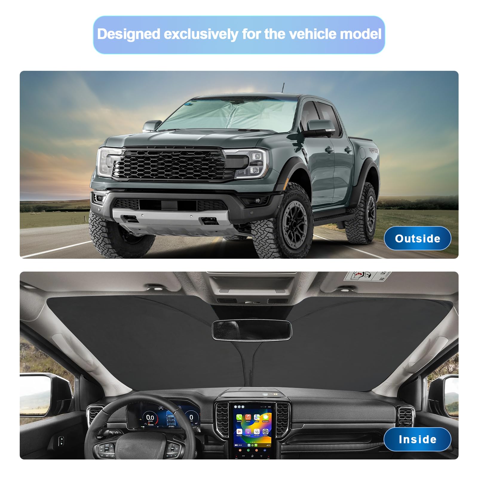 Sxcy For 2024 2025 Ford Ranger Windshield Sunshade For 2024 2025 Ranger Xl/Xlt/Lariat/Raptor Accessories 2024 2025 Ford Ranger Sun Shade Foldable Sun Shield 2024 2025 Ranger Sun Protector Block Uv Ray