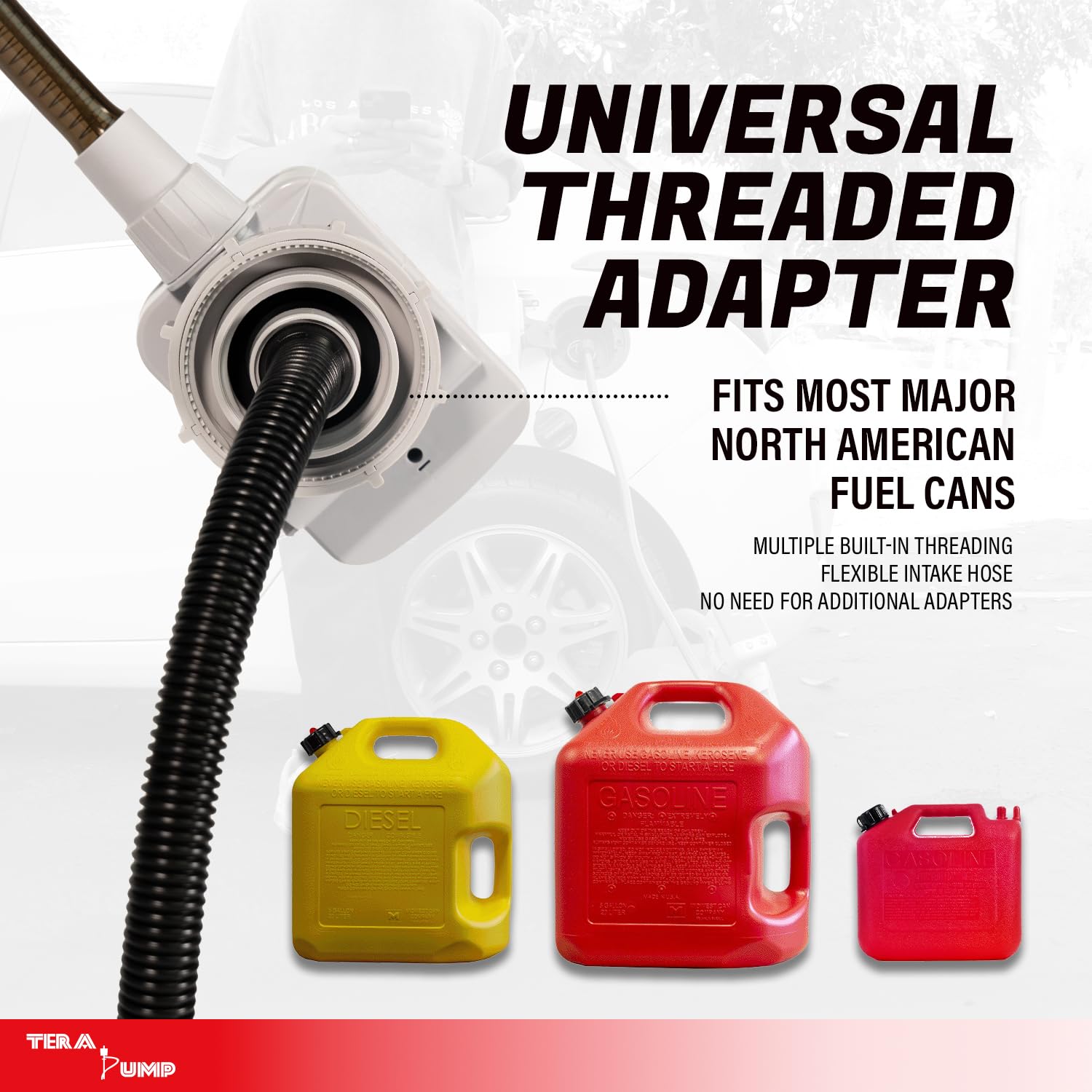 TERA PUMP TRFA01 Fuel Transfer Pump, 2.7 GPM, Overfill Protection, Red, Vinyl Hose for Gas & Diesel