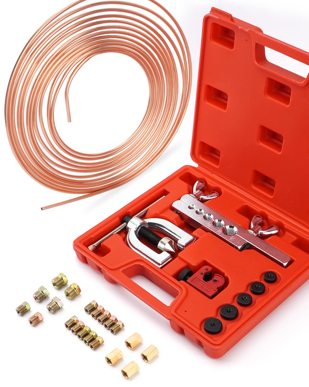 Racewill 25 Ft 3/16 Copper Coated Brake Line Kit (Includes 16 Fittings And 4 Unions Brake Line Fittings) + Double & Single Flari