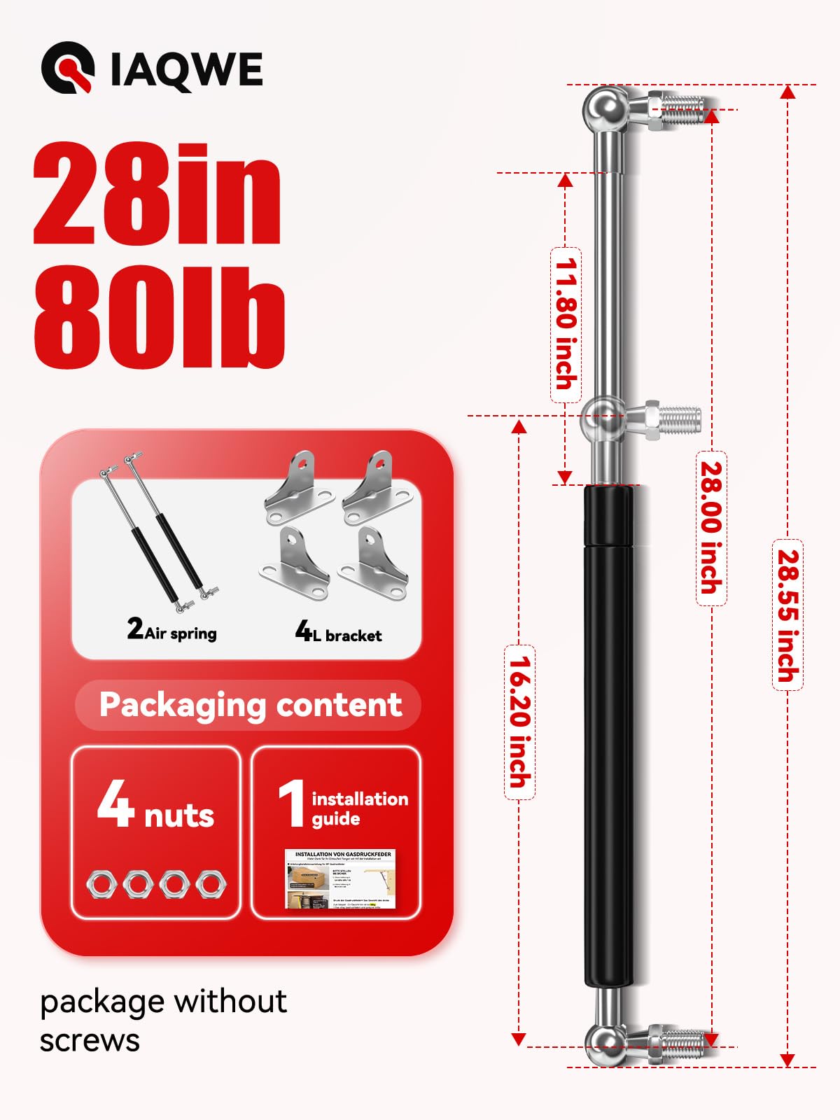 Iaqwe 28Inch 80Lb Gas Struts Springs Shocks Lift Support For Boat Cover Rv Bed Storage Heavy Duty Toolbox Lid Trash Bin Outdoor