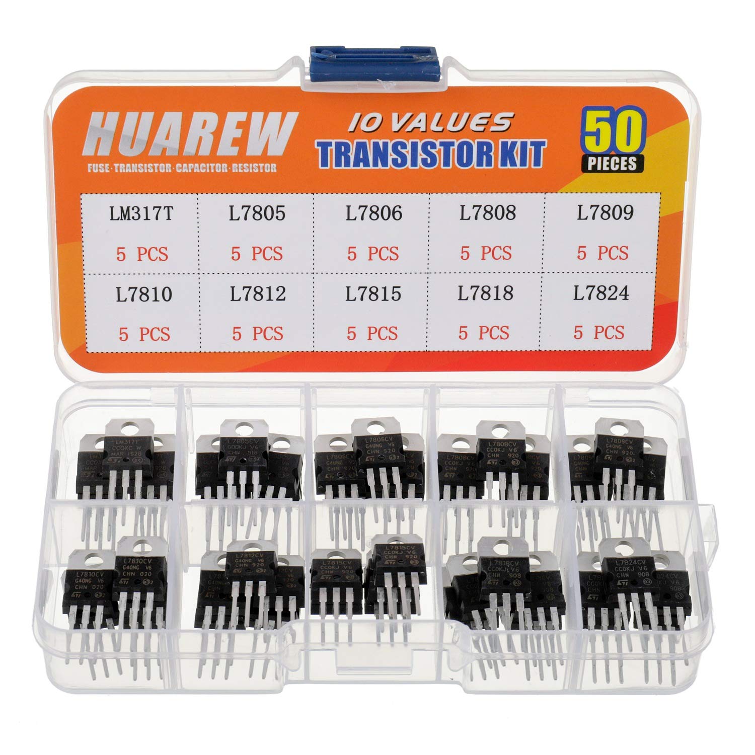Huarew 10 Values 50 Pcs Positive Fixed Voltage Regulator Lm317T L7805 L7806 L7808 L7809 L7810 L7812 L7815 L7818 L7824 To-220 Pac