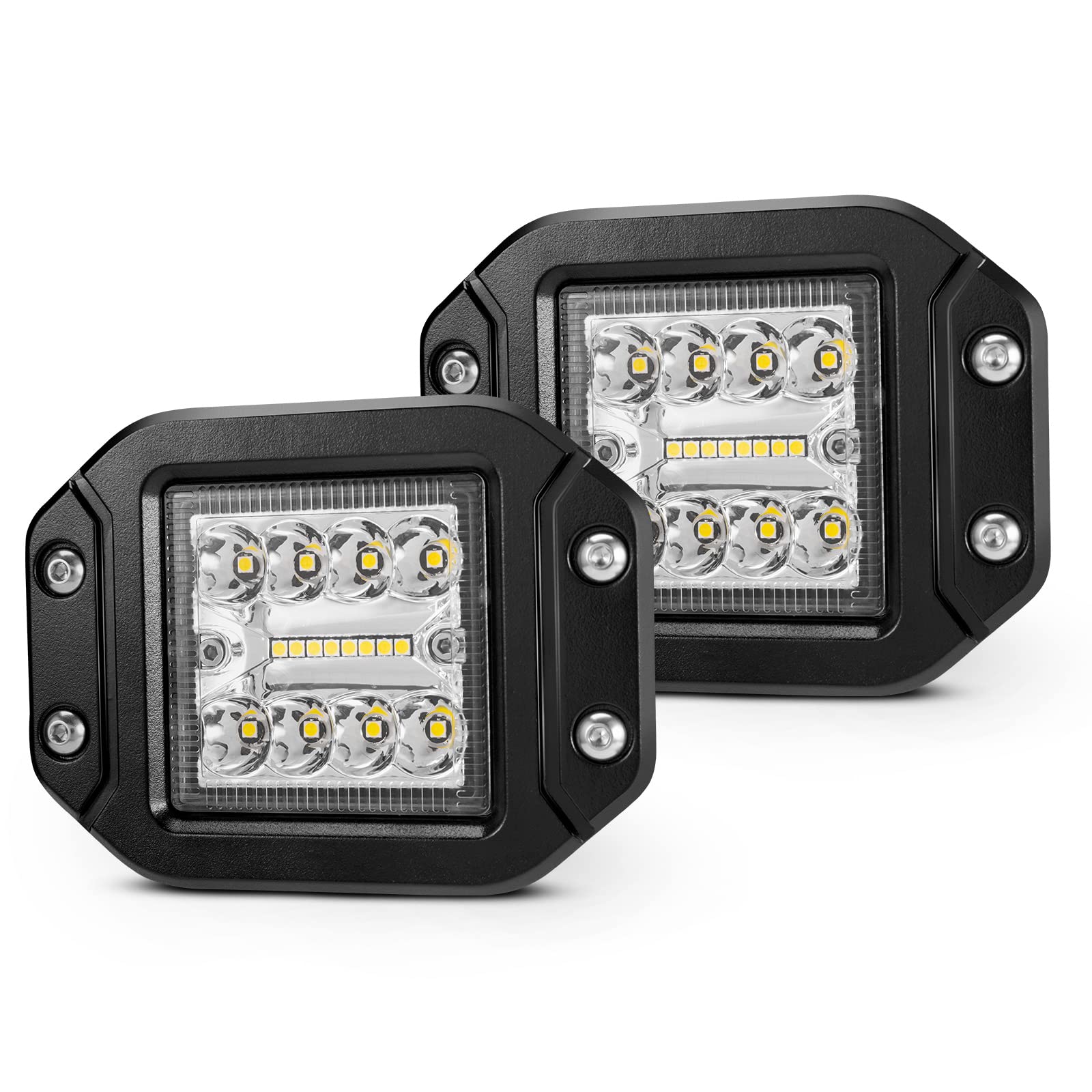 BUNKER INDUST Flush Mount LED Pods Light, 2Pcs 5 Inch Spot Flood Combo Beam 4800LM Triple Row Driving Off Road Light Bar Waterpr