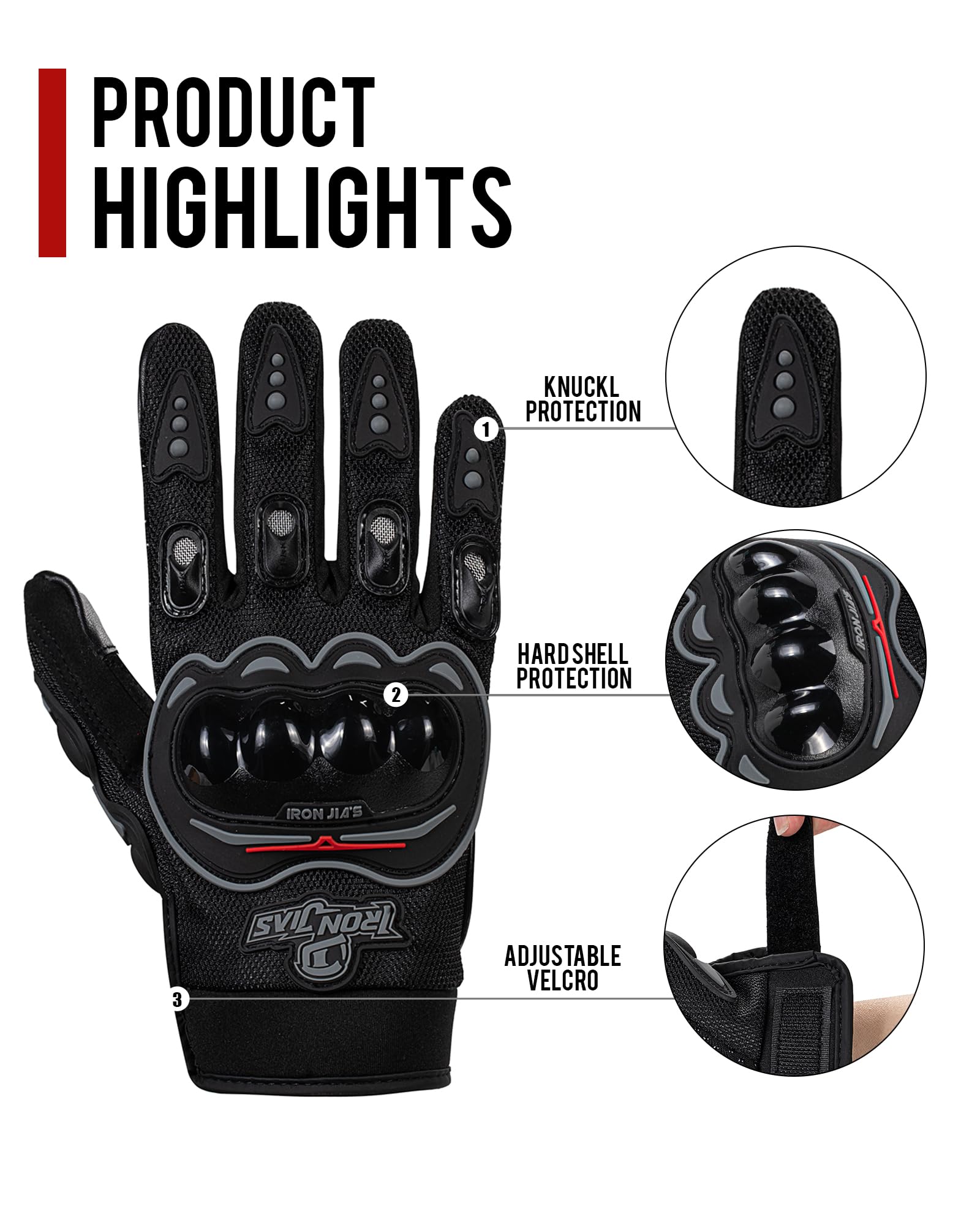 IRON JIA'S X-Large Black Motorcycle Gloves for Men and Women - Hard Knuckle Touchscreen Racing Gloves for BMX ATV MTB Riding