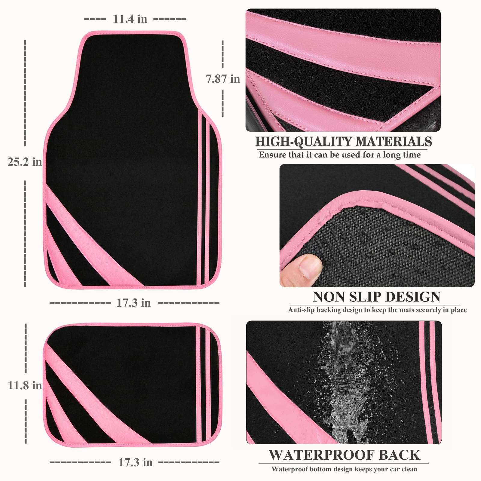 Car Pass Pink Edge Faux Leather Car Floor Mats Universal Car Carpet Mats With Double Stitch Line Anti-Slip Backing Design, For C