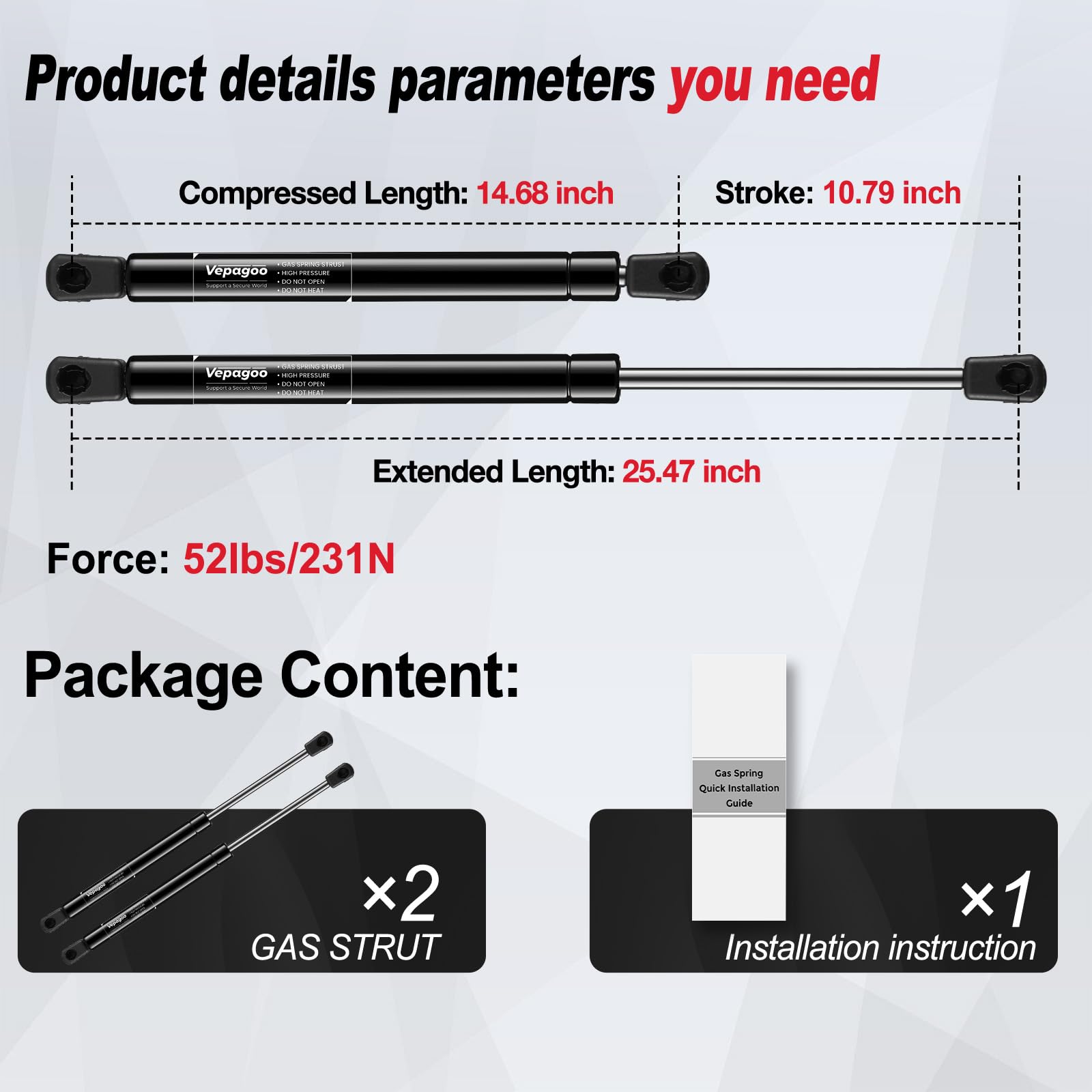 Vepagoo 4761 Rear Glass Window Gas Struts For 1987-1995 Jeep Wrangler, Liftgate Shocks Springs Lift Support Sport Utility 2-Door