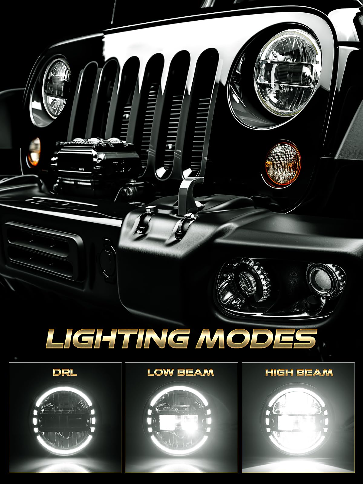 AUDEXEN 7" LED Headlights for Jeep Wrangler JK 1997-2018, 1200% Bright, Halo Ring, Die-Cast Aluminum, Silver, Model JGDD070