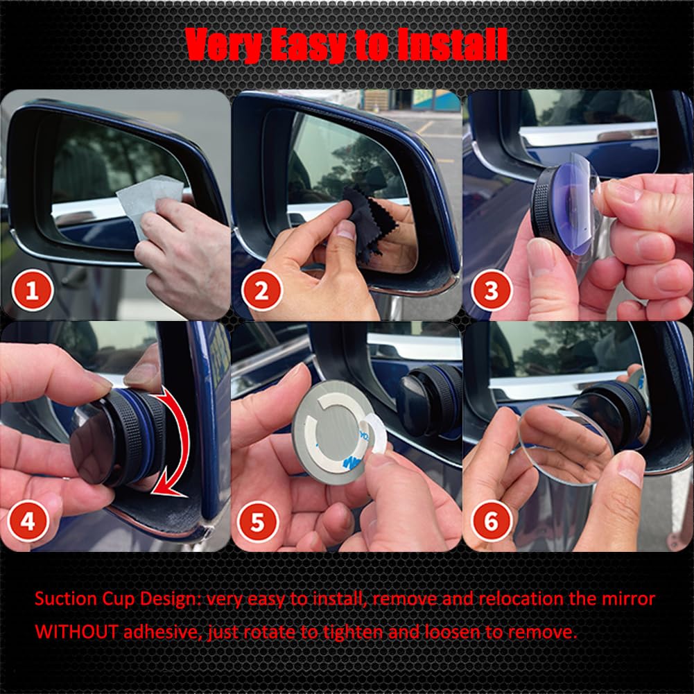 Suction Cup Blind Spot Mirror, Ampper 2'' Hd Glass Frameless Removable Convex Wide Angle Rear View Mirror (Round, Pack Of 2)