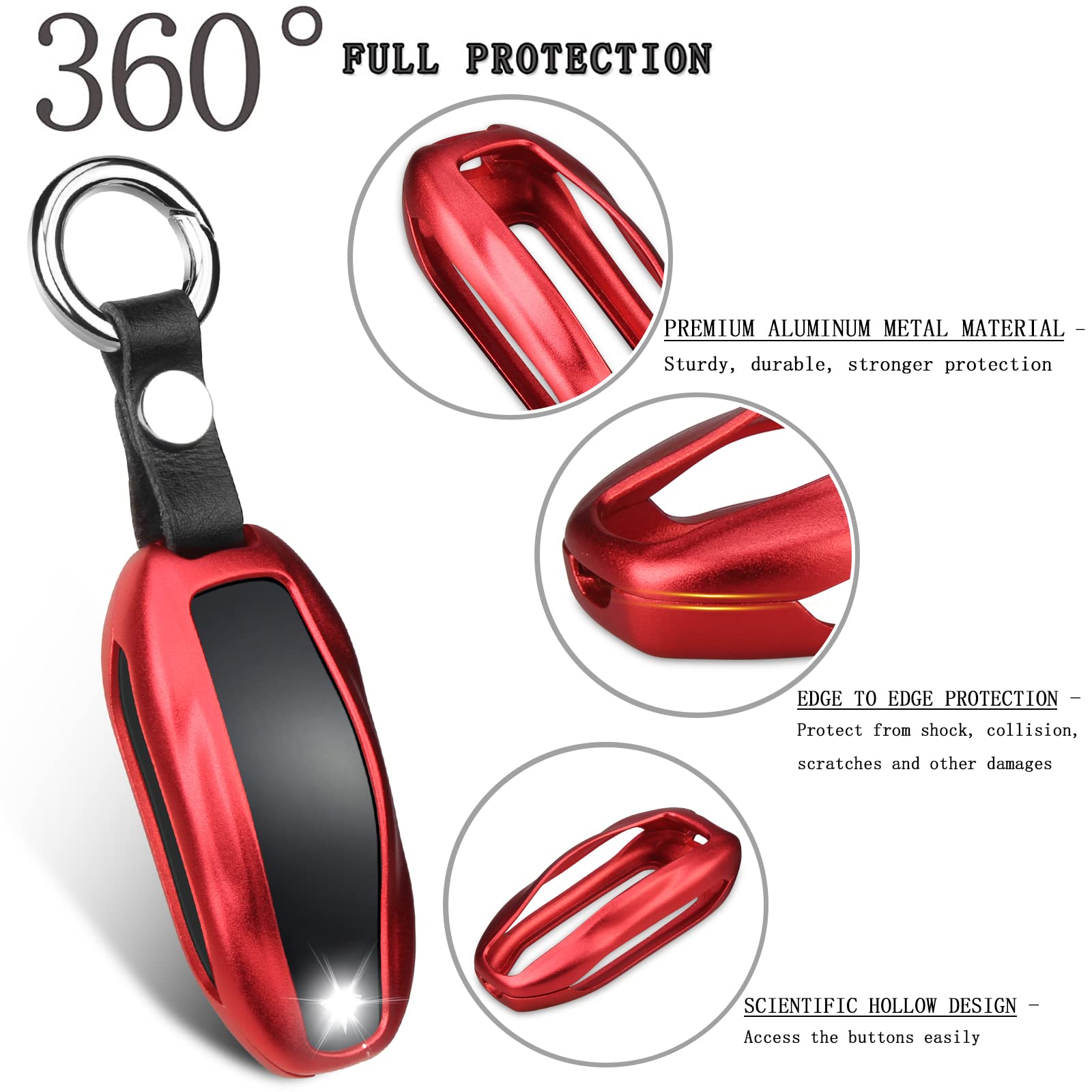 QBUC Tesla Key Fob Cover with Keychain, Aluminum, Model 3/S/Y Compatible, Red