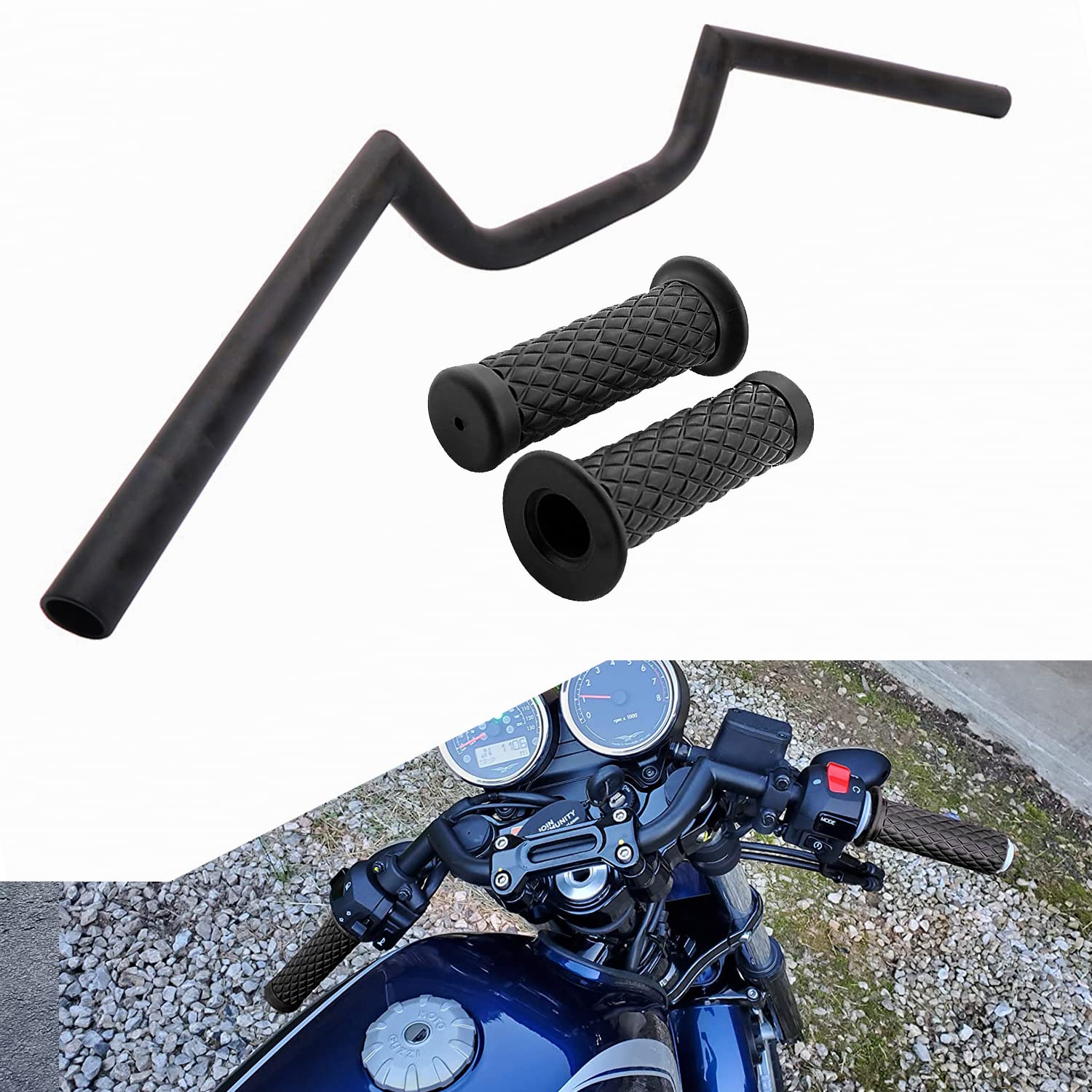 AnXin Motorcycle 7/8'' 22MM Handlebar with Rubber Handlebar Grips Cafe Racer Ace Clubman Style Handlebars Universal for Bobber C