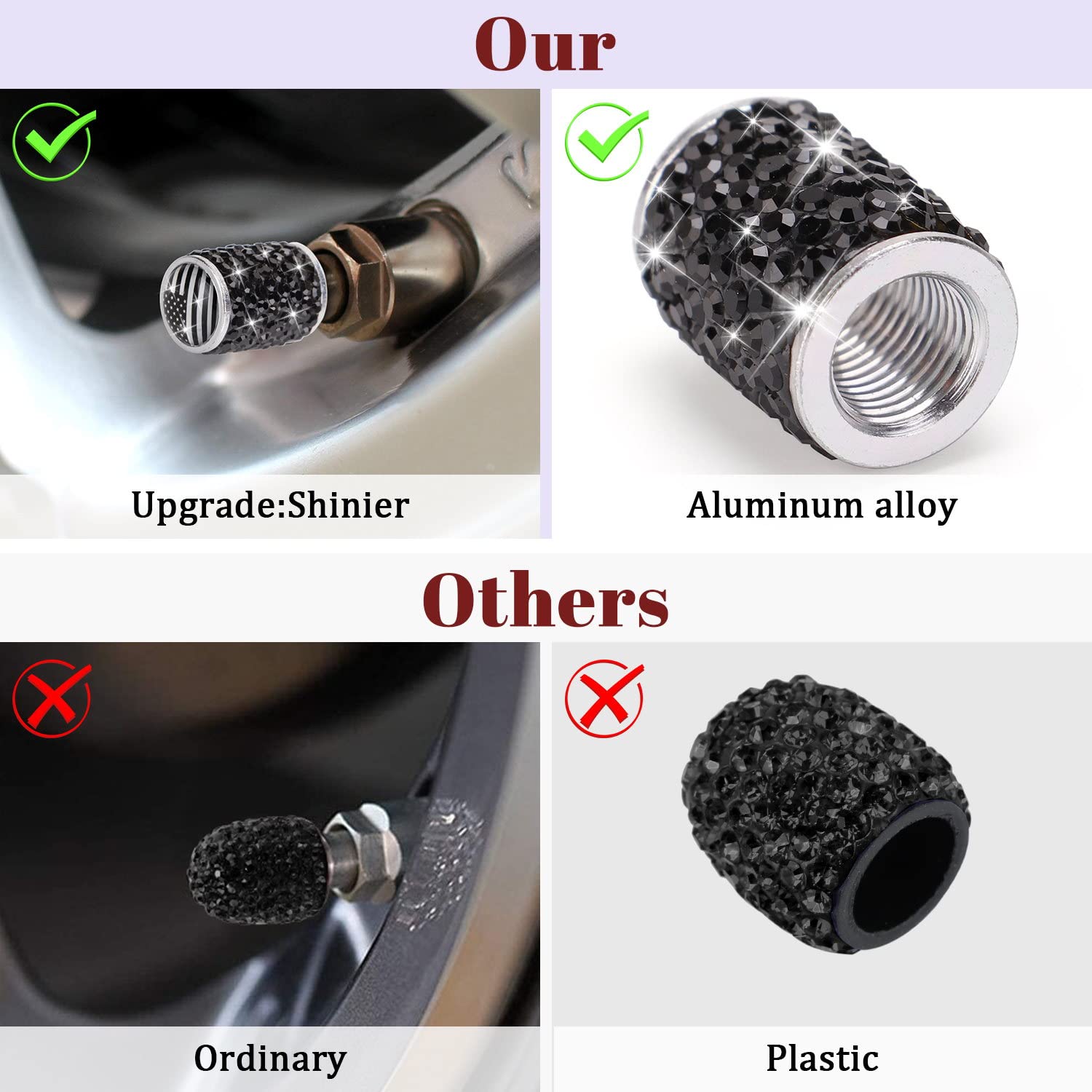 ToBeQueen Bling Black Flag Valve Stem Covers - 4 Pack Crystal Rhinestone Tire Caps for Car/SUV/Motorcycle/Bike - Black American Flag