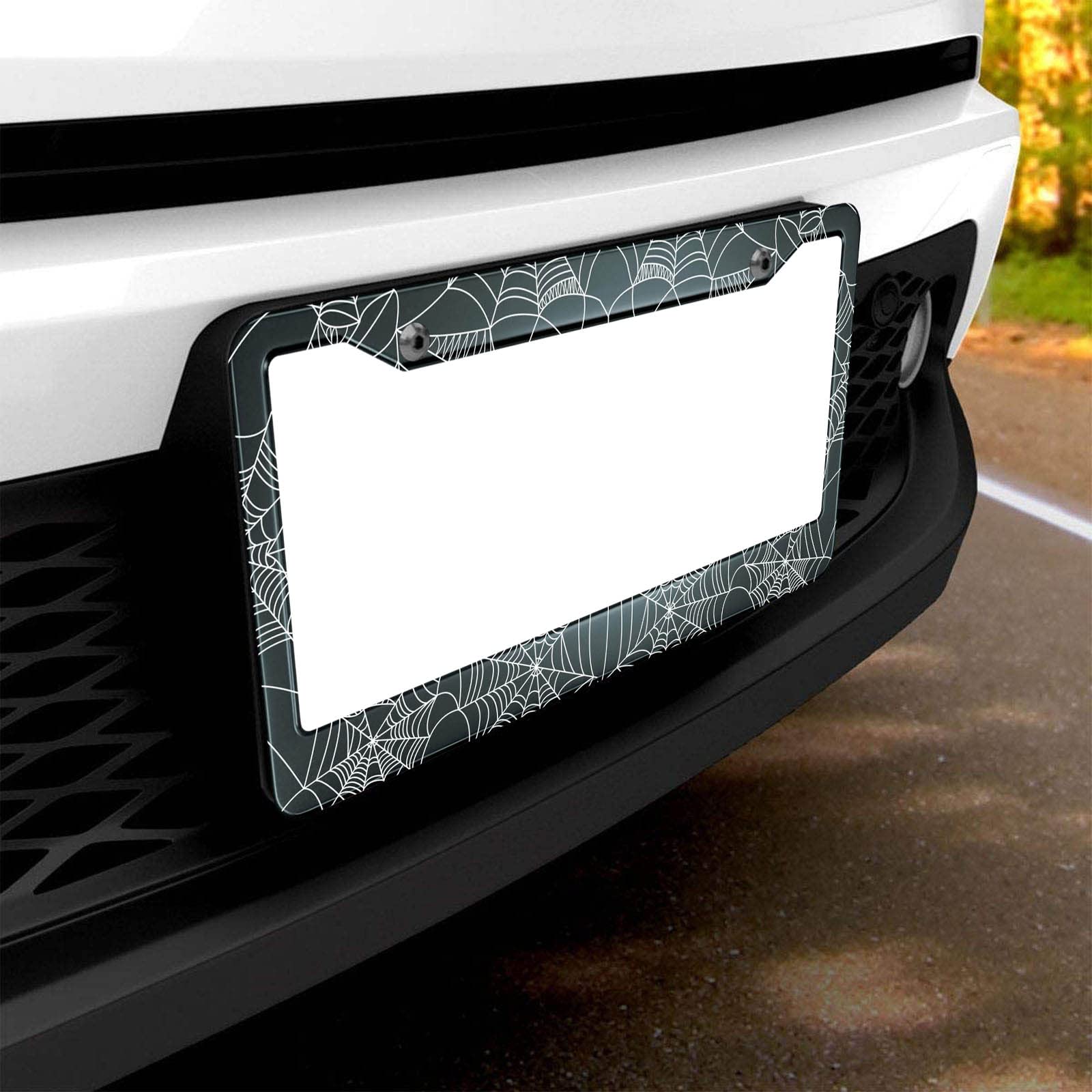 Hosnye Halloween Spider Web License Plate Frame Black And White Metal License Plate Cover Front Plates Frames Car Tag Frame For
