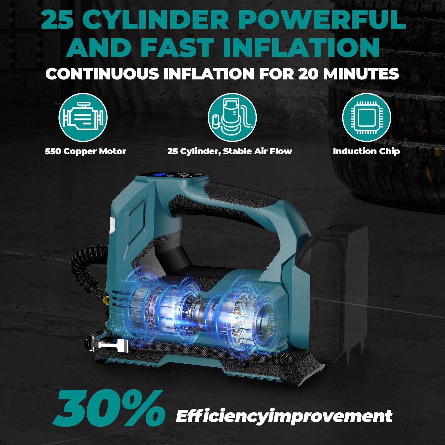 YAWV Cordless Tire Inflator Air Compressor, 160PSI, Handheld, Blue, Model YA-AC-02, LED Light, Digital Pressure Gauge, Battery Not Included