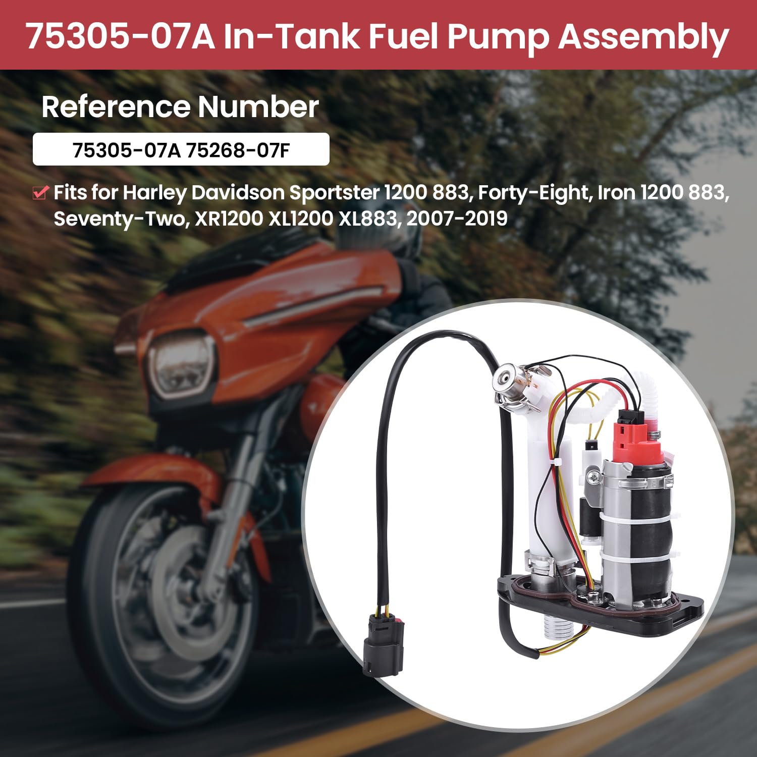 Farpida 75305-07A 75268-07F In-Tank Fuel Pump Assembly Fits for Harley Davidson Sportster 1200 883, Forty-Eight, Iron 1200 883,