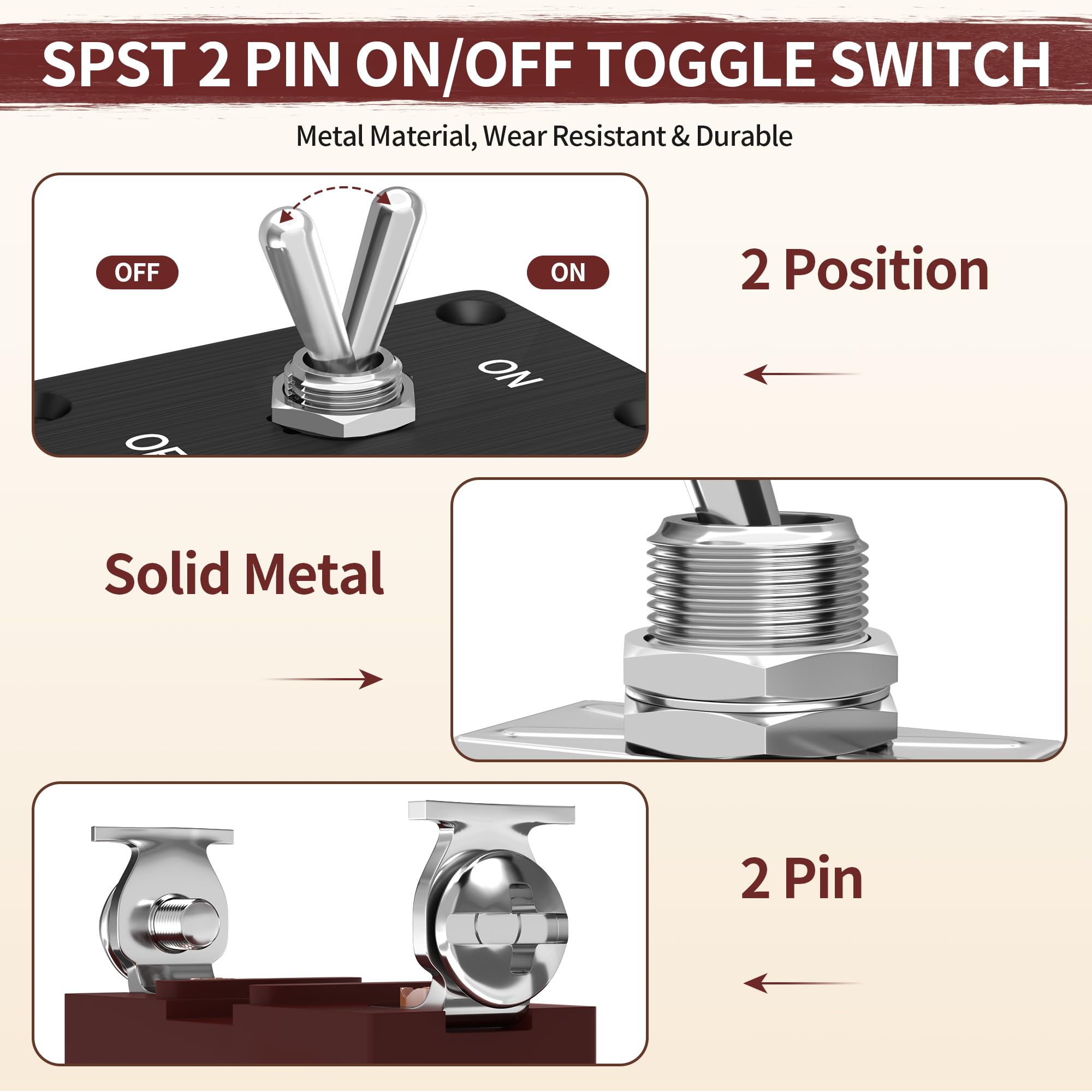 Rvmarinepat Heavy Duty Toggle Switch 12V Dc 30A Waterproof Toggle Switch 2 Pin On/Off Spst With Mounting Panel, Weatherproof Cap