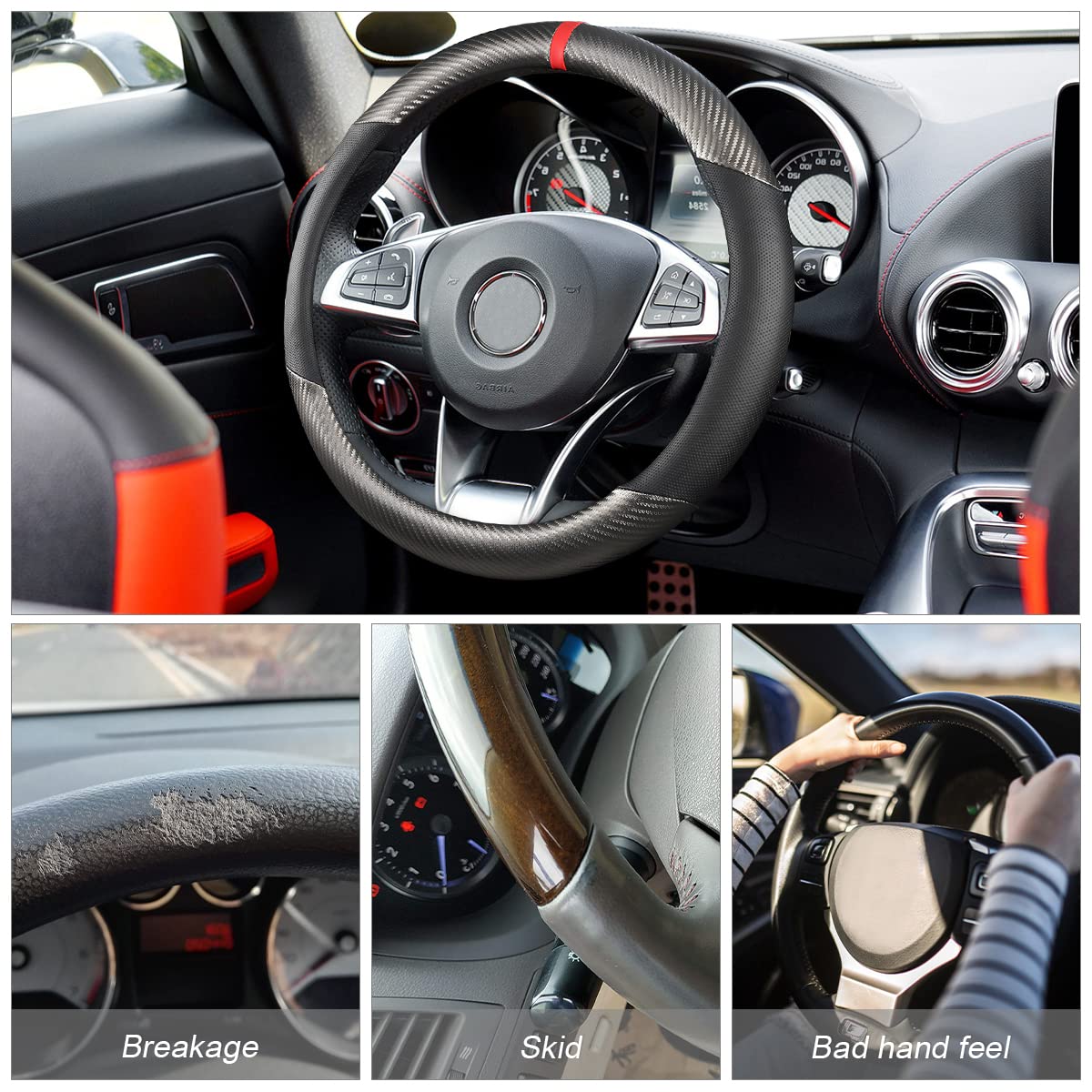 Carbon Fiber Car Steering Wheel Cover, Universal 15 Inch Breathable Anti Slip Steering Wheel Covers, Car Interior Accessories Fo