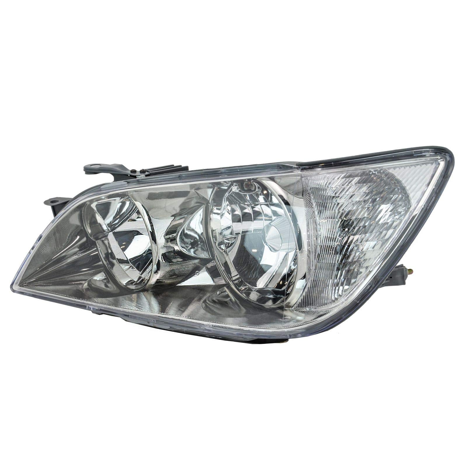 TRQ Headlight Assembly Set, Chrome Bezel, Driver & Passenger Side, Lexus IS300 2001-2005, White with Clear Lens, Model HLA88334