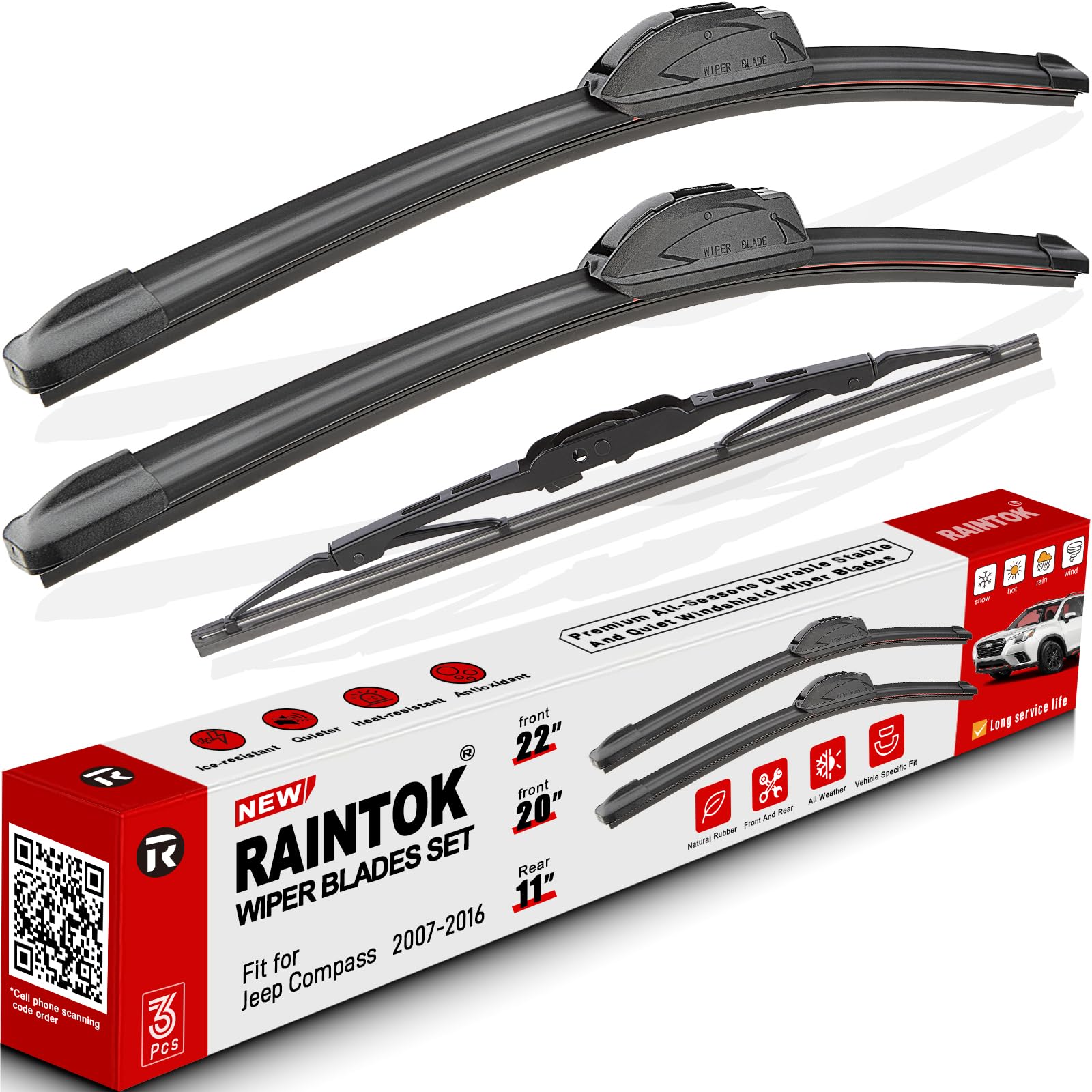 Raintok Windshield Wiper Blade Set Replacement For 2007-2016 Jeep Compass Original Equipment Replacement Front Rear Wiper Blades