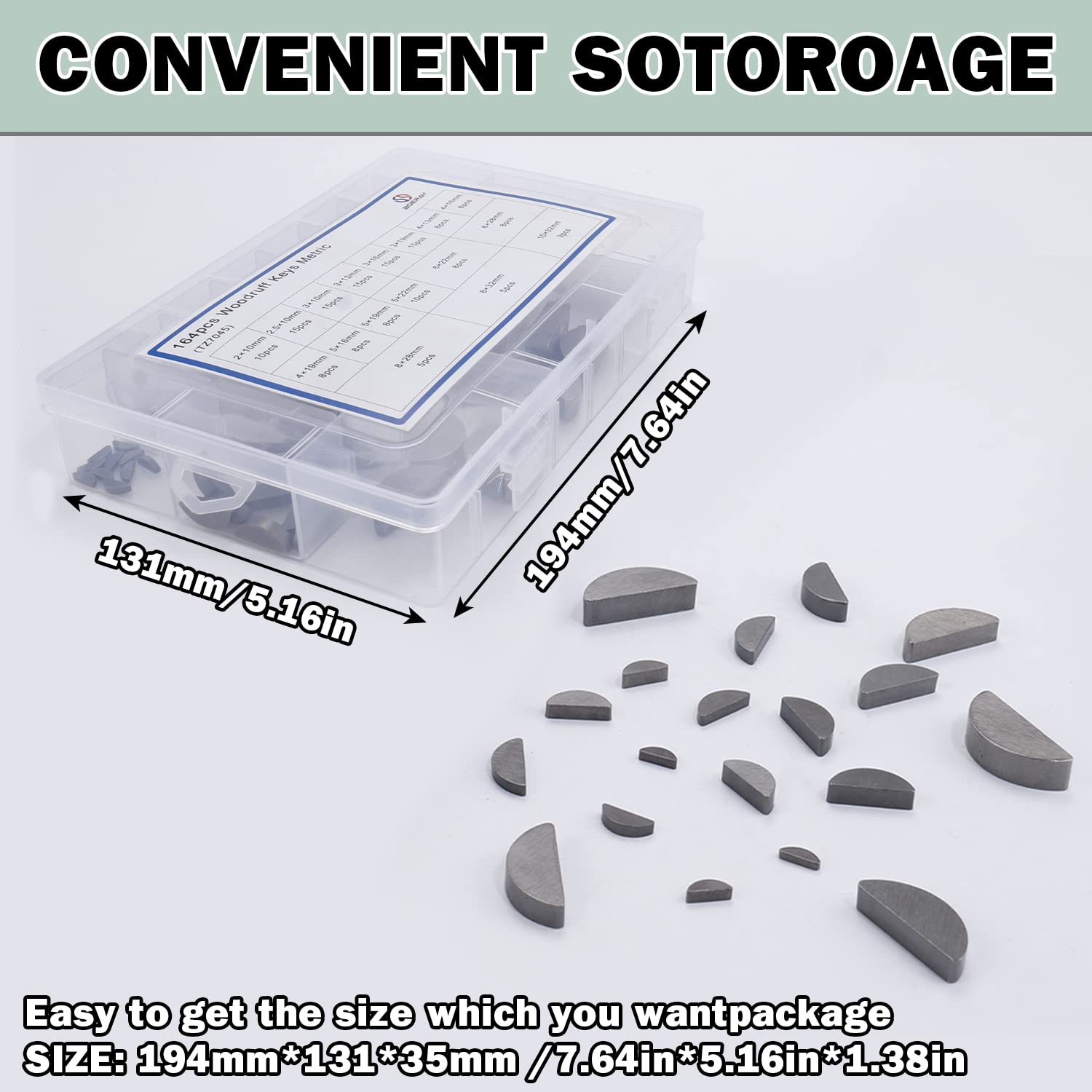 Boeray 164Pcs Woodruff Key Assortment Metric Set 17 Sizes Carbon Steel Woodruff-Key Kit Woodruff Key-Crankshaft