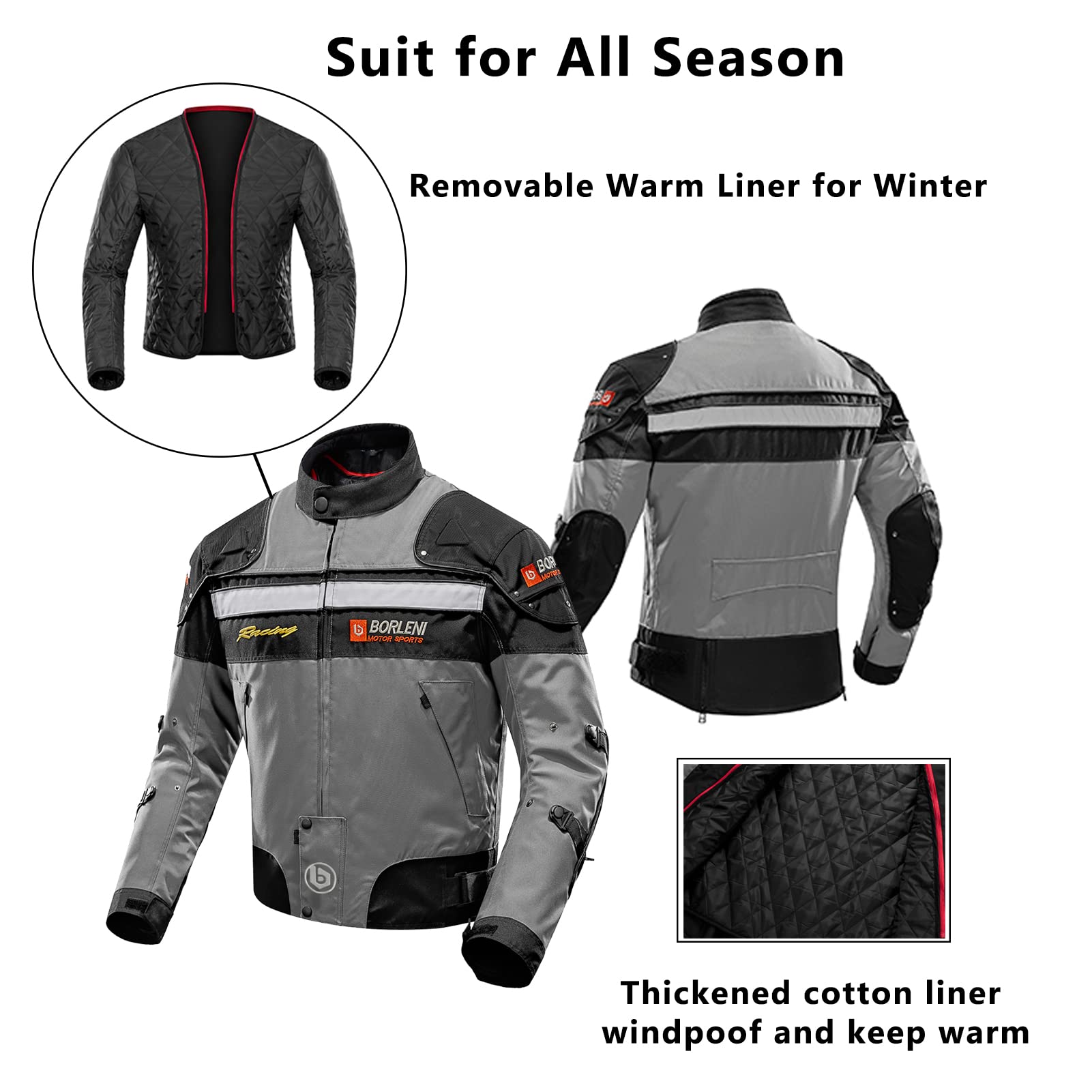 Borleni Motorcycle Jacket Motorbike Riding Jacket Windproof Motorcycle Full Body Protective Gear Ce Armor All Season Gray L