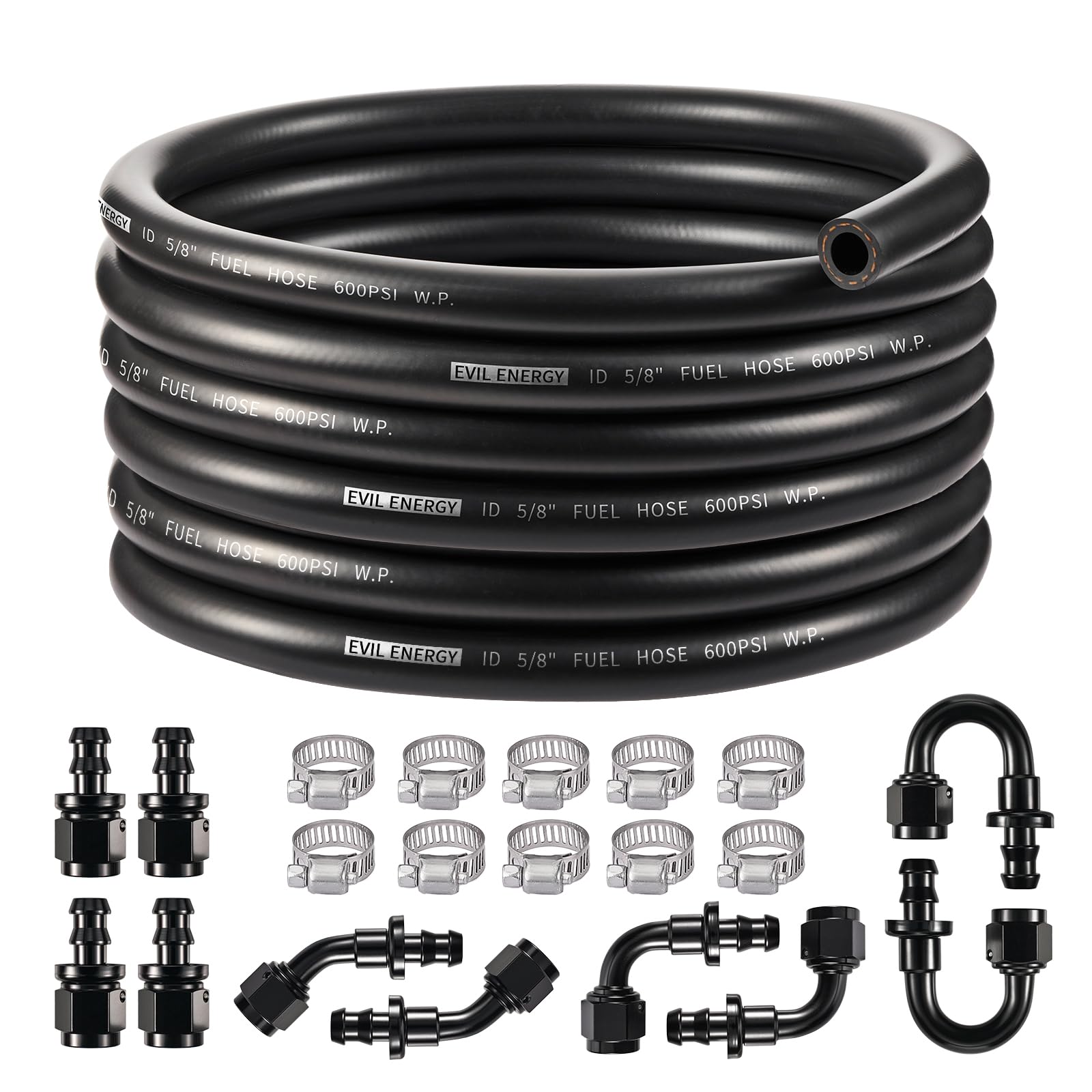 EVIL ENERGY 10AN 5/8 Fuel Line Kit 20FT, CPE Rubber 5/8 Fuel Hose with Push On Fittings and Hose Clamps 20PCS, Black