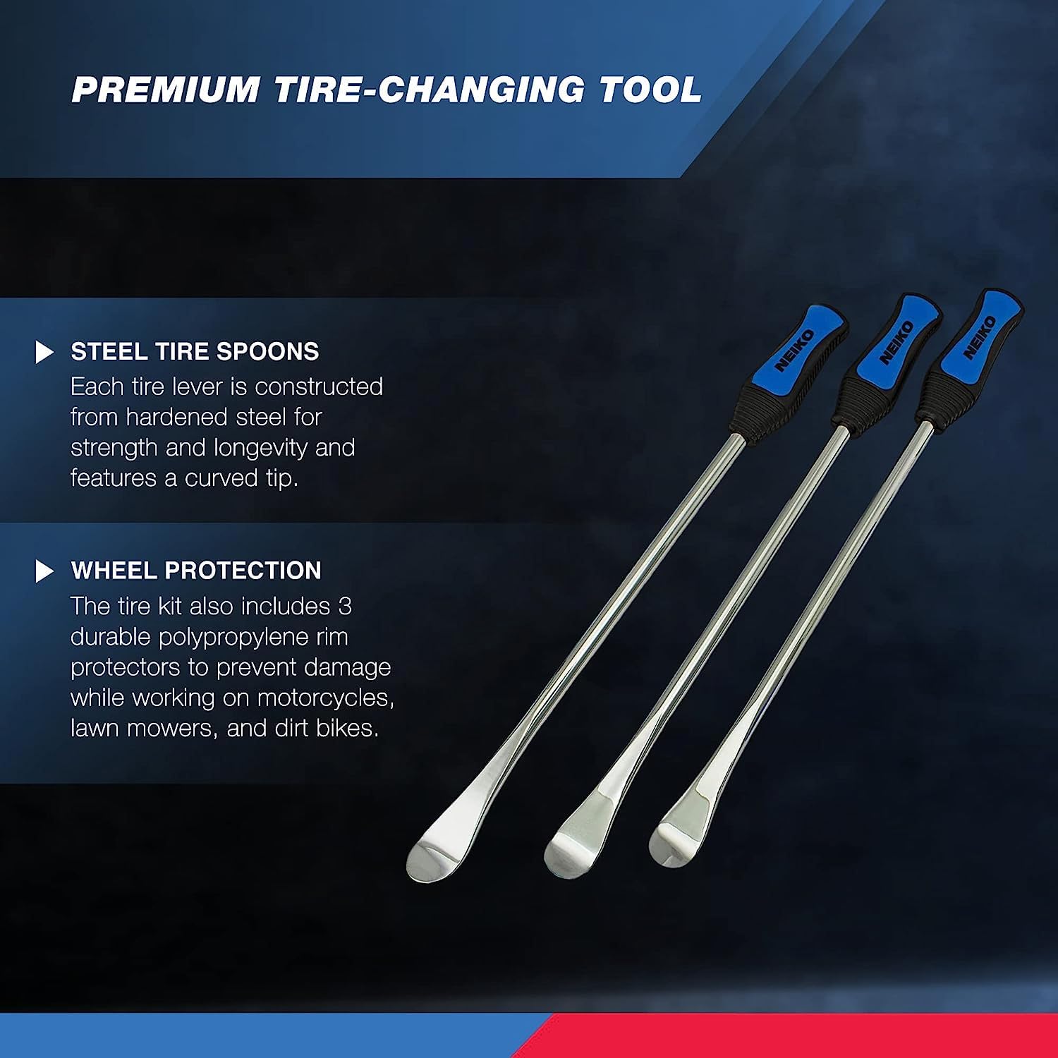 NEIKO 20601A Tire Spoon Set, 14.5” Steel Tire Tools with 3 Tire Spoons, Rim Protectors, Valve Tool & 6 Valve Cores for Motorcycle & Dirt