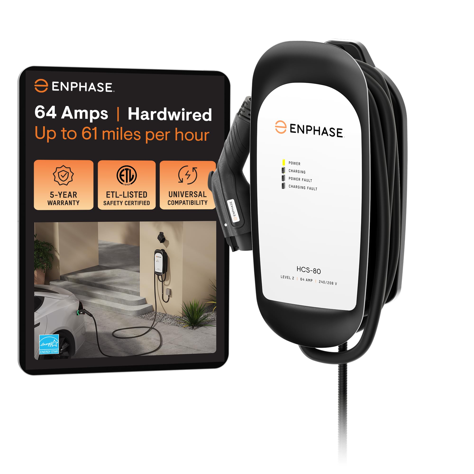 64 Amp Ev Charger, Enphase Hcs-80, Hardwired, 240V, 15.4Kw Power, Safety Certified, 5-Year Warranty, 25 Ft Cable, J1772 Ruggediz