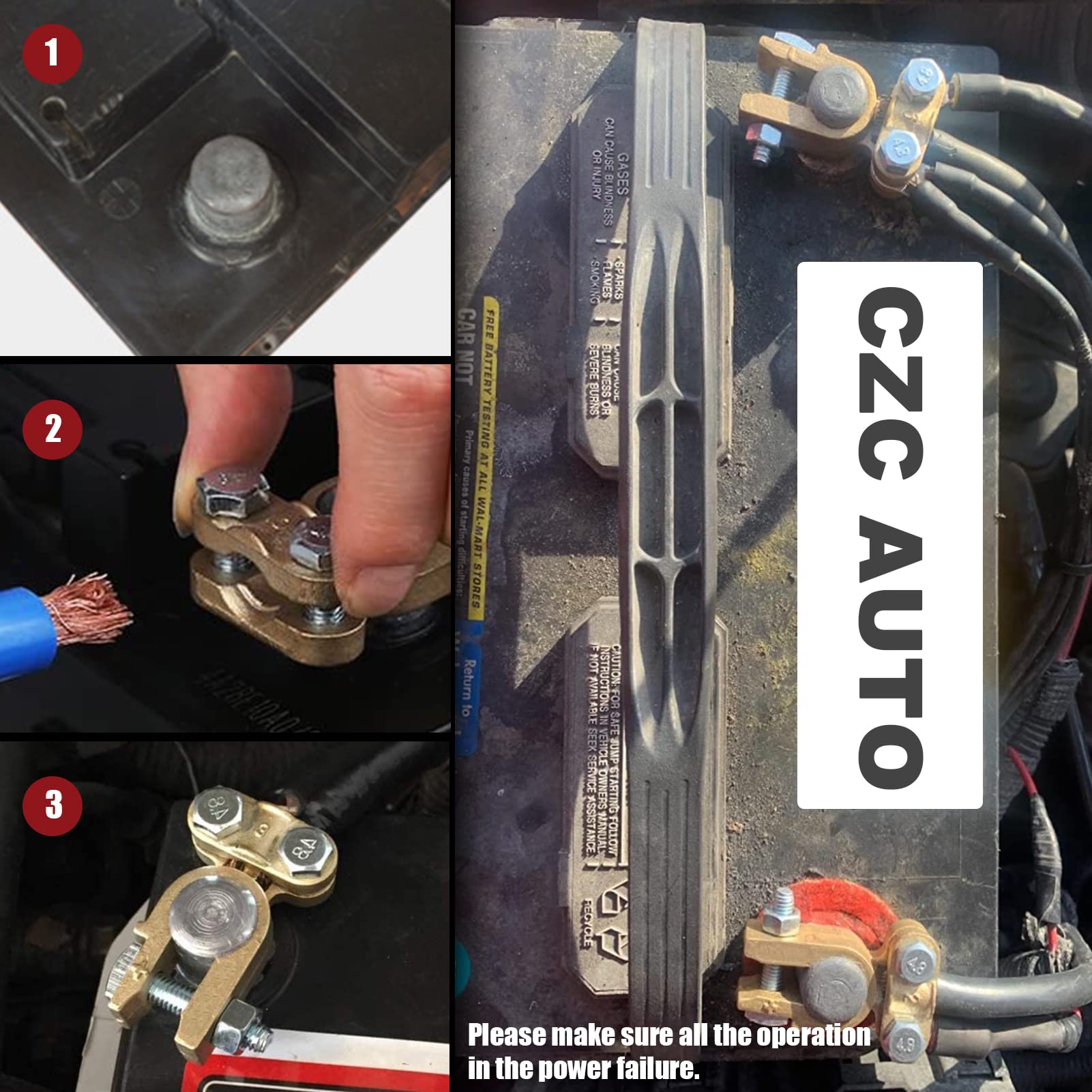 CZC AUTO Battery Terminals Connectors Clamps, Brass Positive & Negative Top Post Battery Terminal Protector Set for Marine Car B