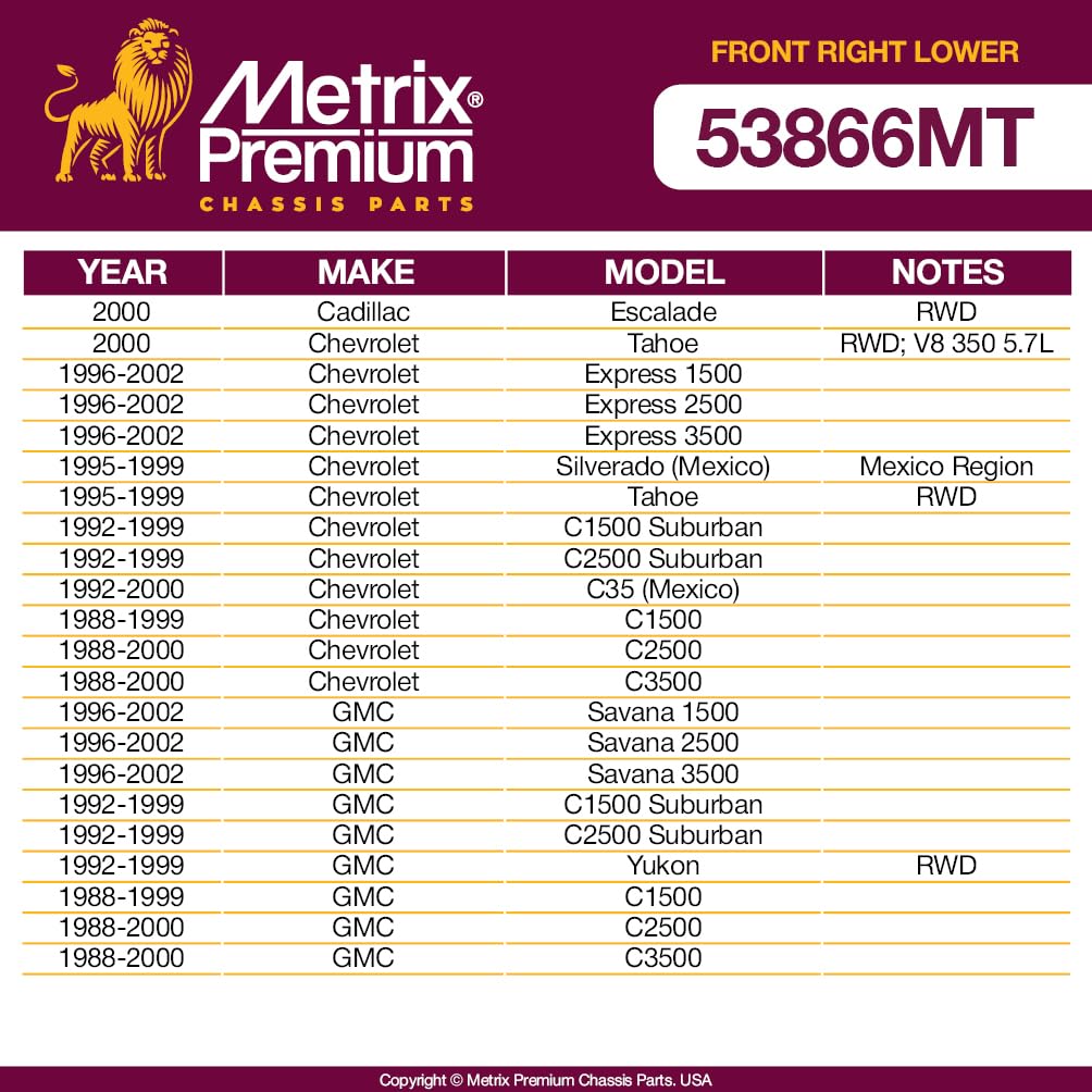 Metrix Premium Chassis Parts - Front Right Lower Control Arm W Ball Joint & Bushing Assembly Fits 96-02 Chevrolet Express 1500,