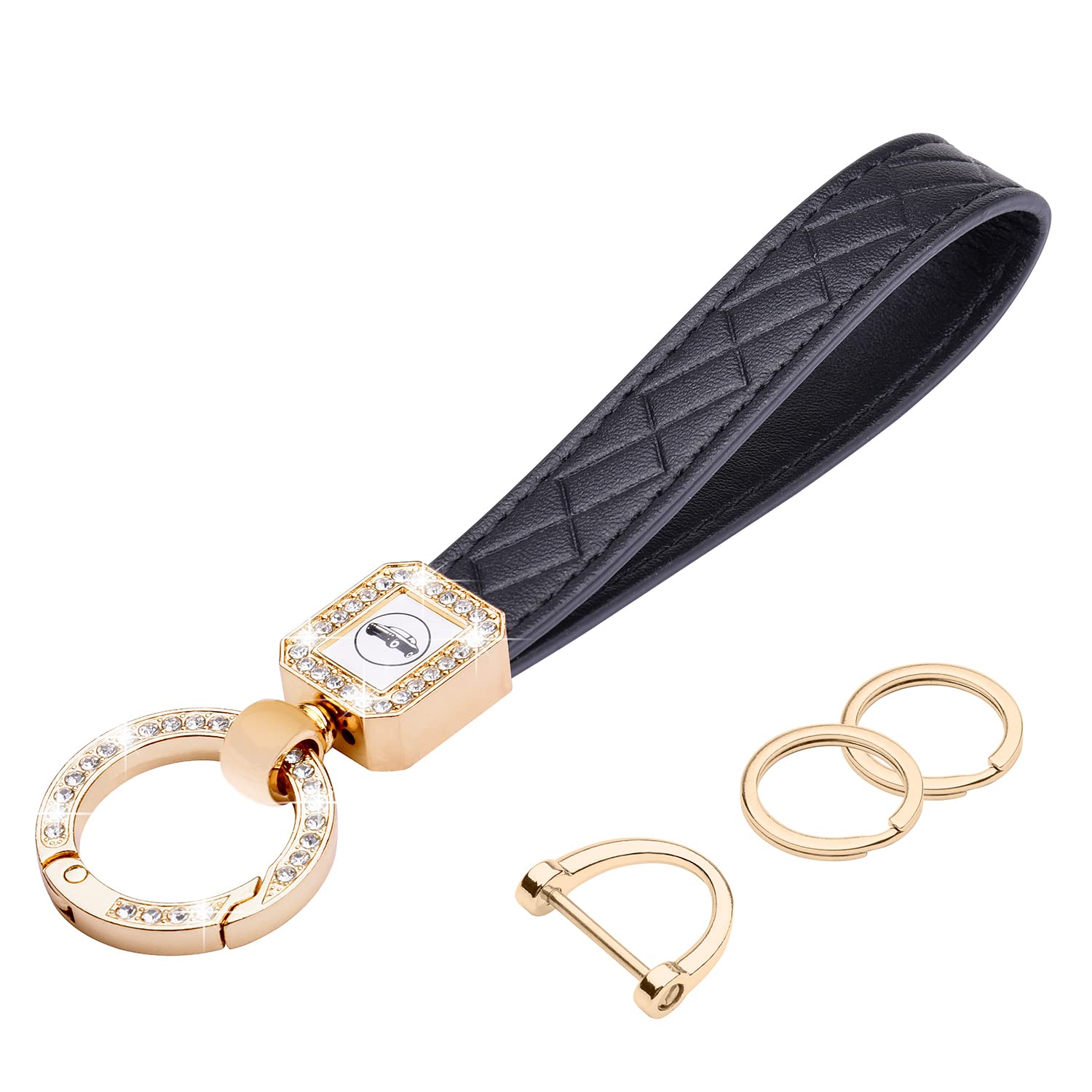 Wisdompro Bling Leather Car Keychain, Universal Microfiber Leather Key Fob Keychain Key Chain Holder Accessories With Sparkly Rhinestones, Anti-Lost D-Ring And 2 Key Rings For Men And Women - Black