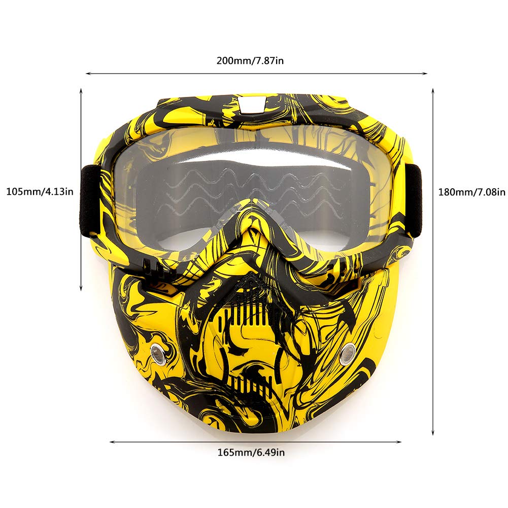 SPOSUNE Motorcycle Goggles with Detachable Face Mask, Anti-Scratch UV400 Eyewear, Clear Lens, 7.87 x 0.6 inch, Mt-009-yb Color