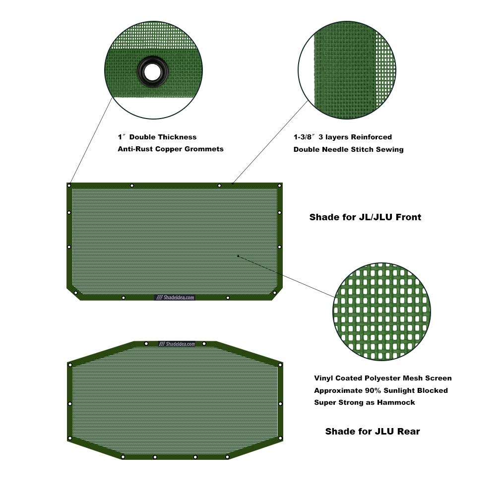 Shadeidea Sun Shade Top For Jeep Wrangler, Jl (2018-2023) 4 Door Top Sunshade, Front & Rear - Forest Green Jlu Mesh Screen Cover