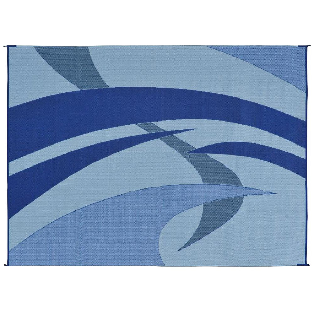 Stylish Camping Outdoor Patio RV Mat - 9ft x 12ft, Polypropylene, Swirl Design, Blue/Grey/Black/White, Model 159123