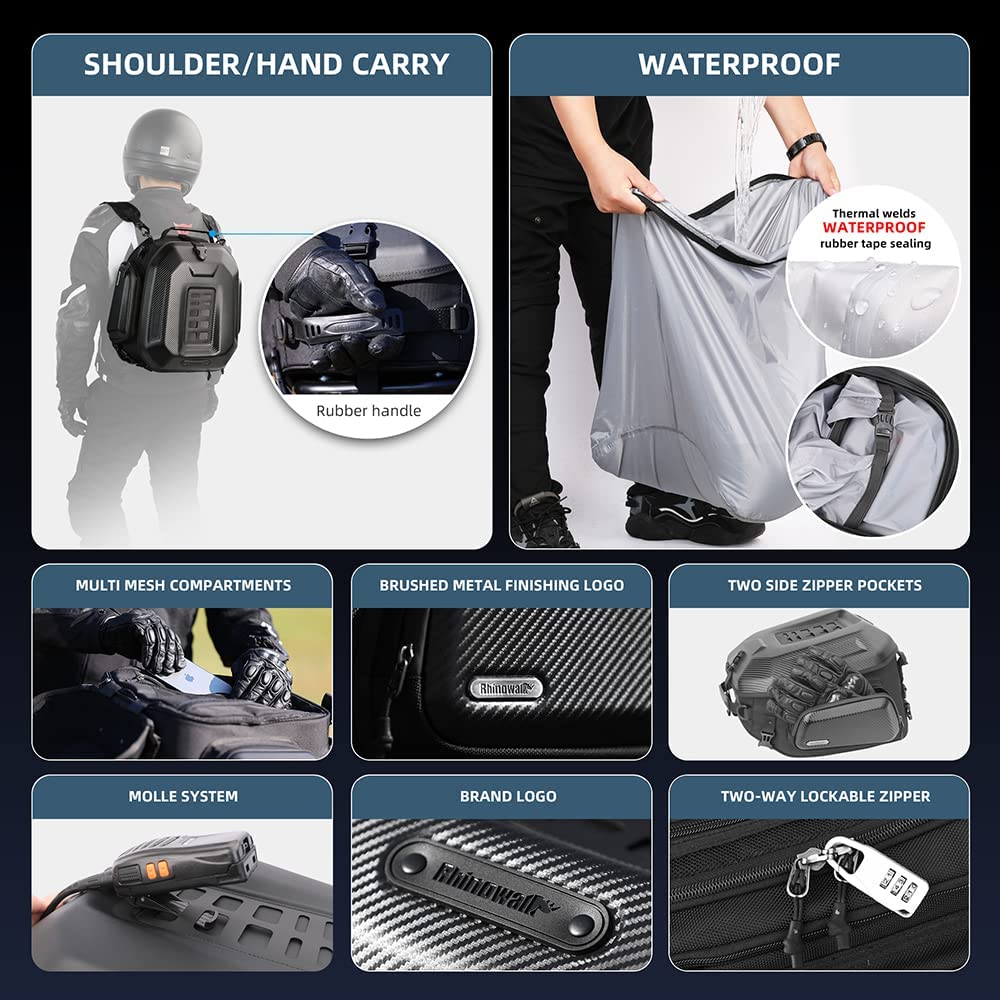 Rhinowalk Motorcycle Tail Bag 35L, Expandable Waterproof Trunk Bag, Carbon Black, Model MT2335