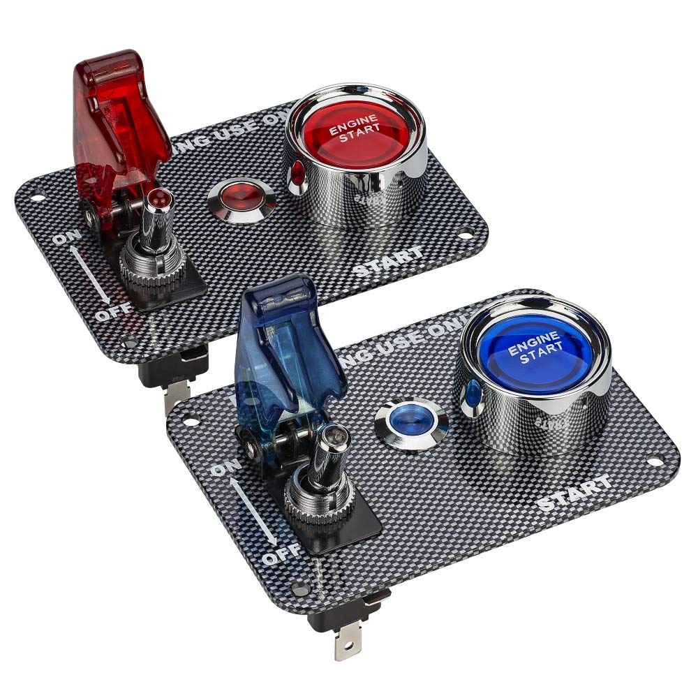 Jtron DC12V Racing Car Ignition Switch Panel - Carbon Fiber Rocking Switch & Engine Start Button with Blue Indicator Light