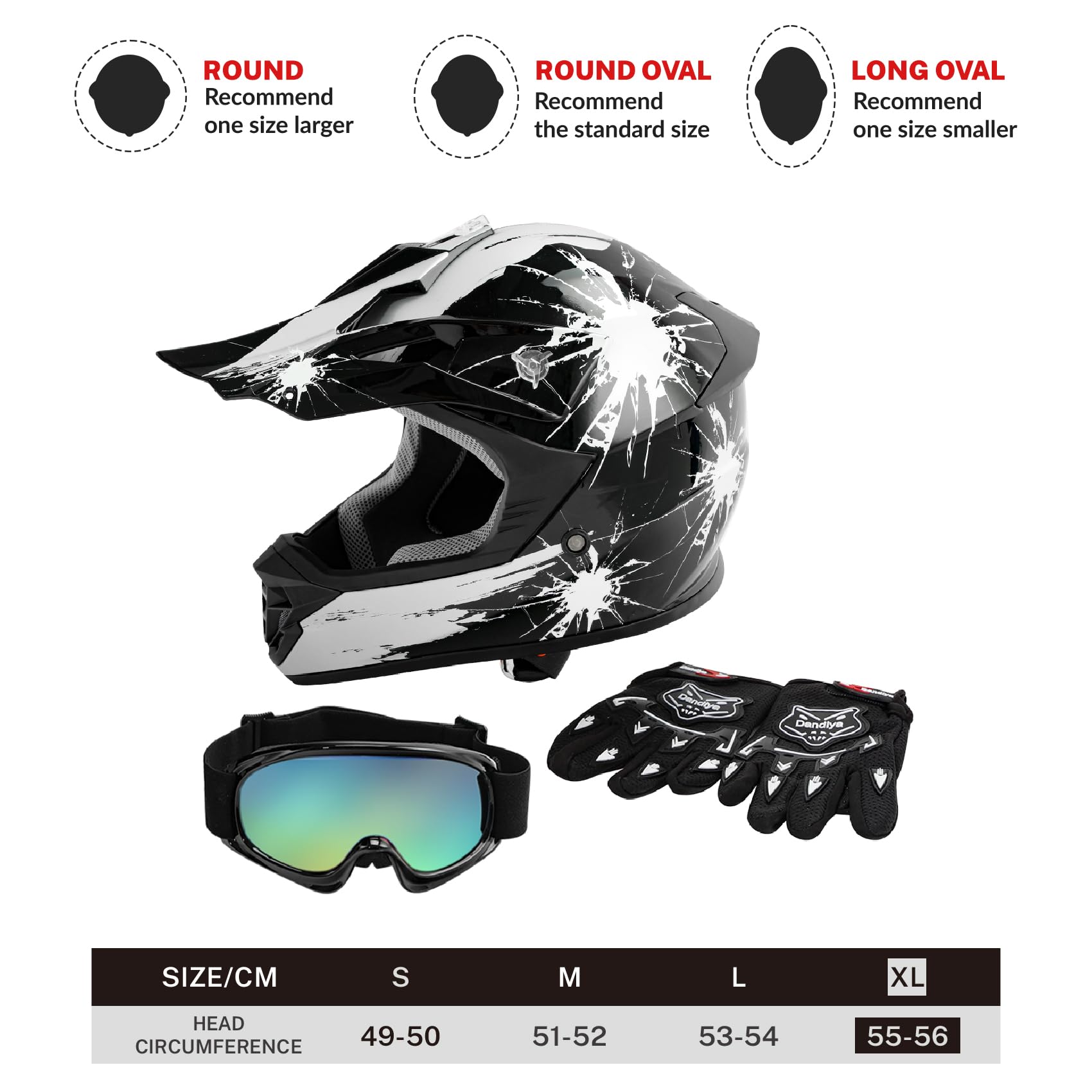 Tct-Motorparts Dot Youth Kids Motocross Atv Helmets Offroad Street Dirt Bike Go-Kart Bmx Mx Full Face Helmet Black W/White Firew