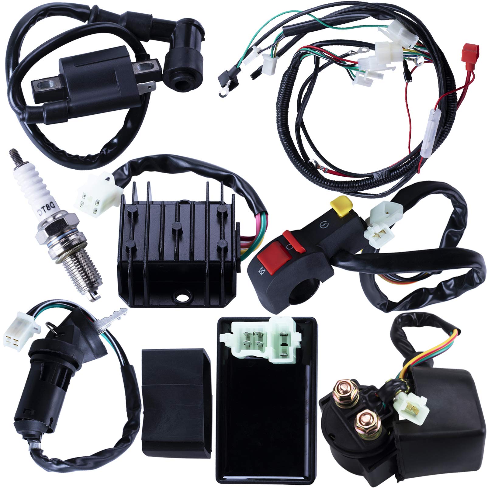 Complete Electrics Wiring Harness CDI Ignition Coil Solenoid Relay Spark Plug Kits for Chinese 4-Stroke ATV Quad Dirt Bike 150cc