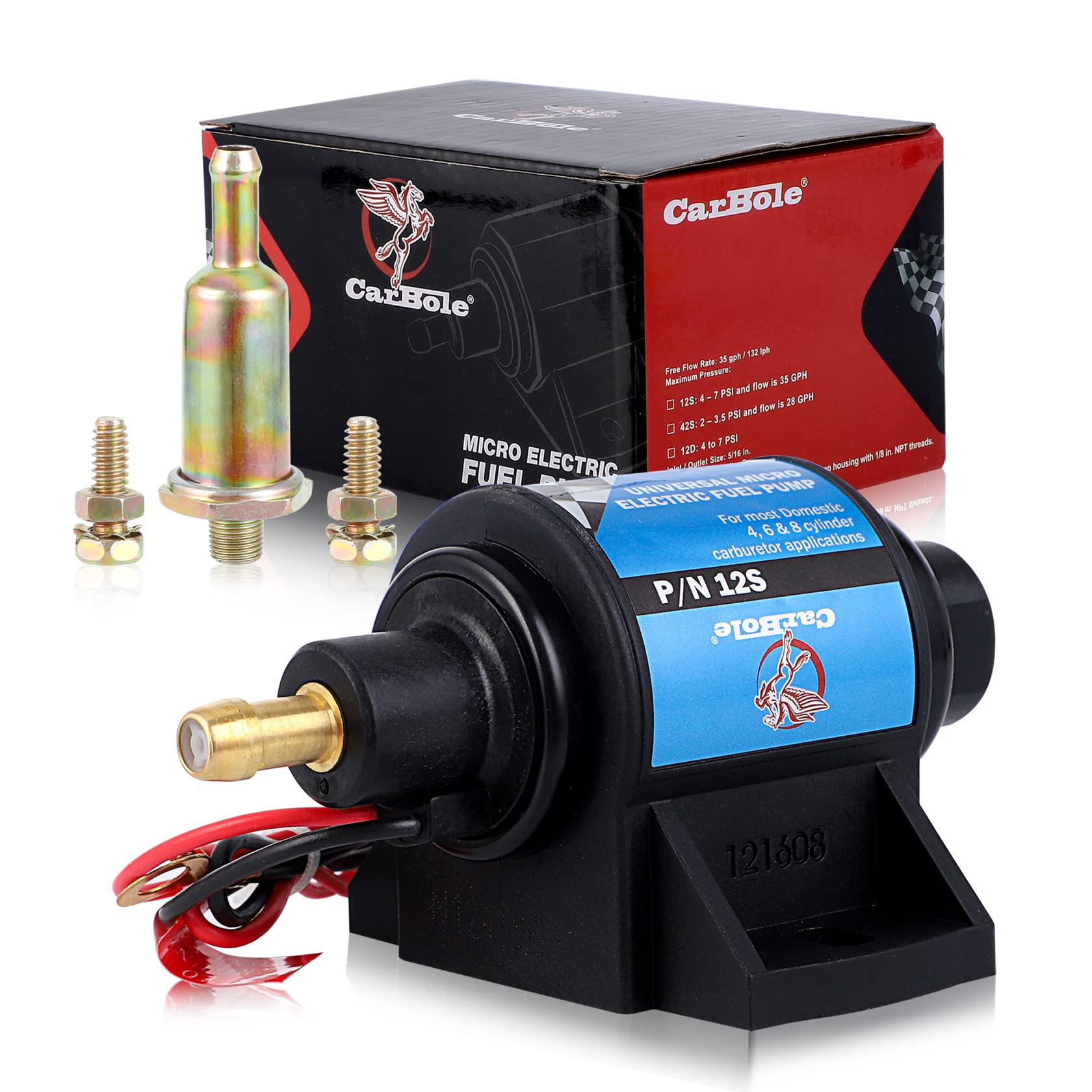 Carbole Micro Electric Gasoline Fuel Pump Universal 5/16 Inch Inlet And Outlet 12V 1-2A 35Gph 4-7 P.S.I.
