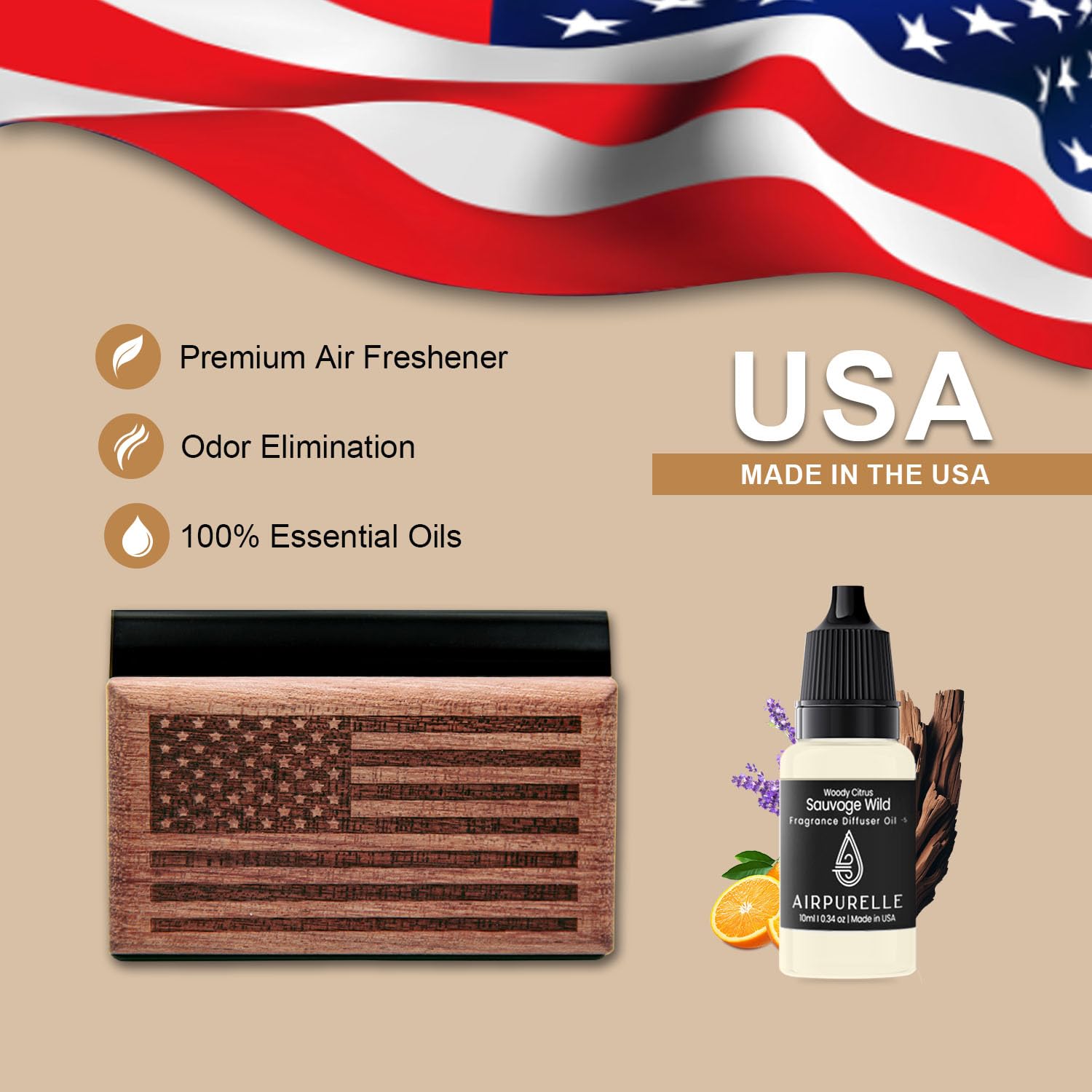 AirPurelle Car Air Freshener Men - 60+ Days Long Lasting, Wood Car Freshener Woody Citrus Scent -Includes 2x 10ML Refills & Magn