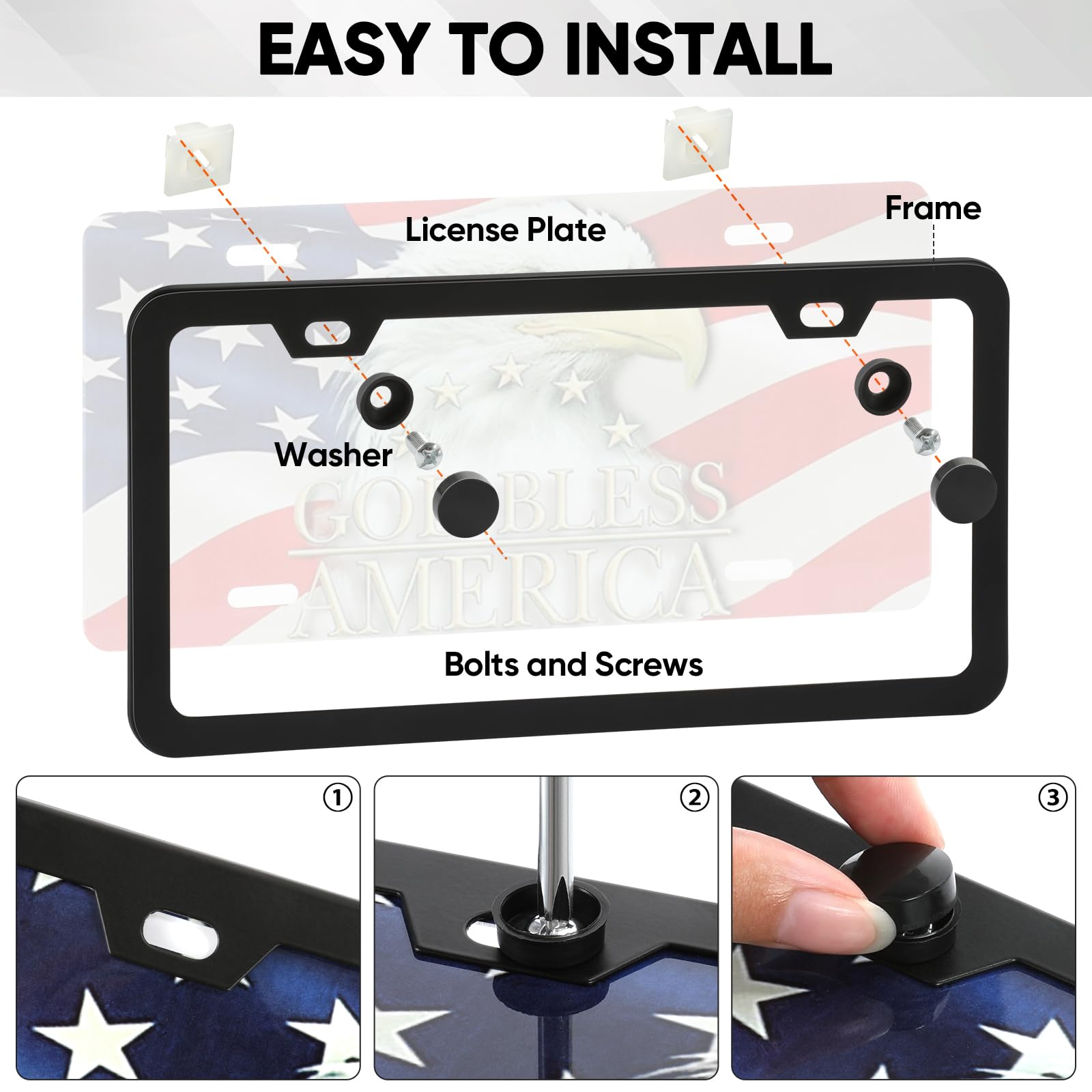 2 Pack License Plate Frames, 2 Holes Matte Black License Plate Frame,Aluminum License Plate Holder With Free Screws Fasteners Ca
