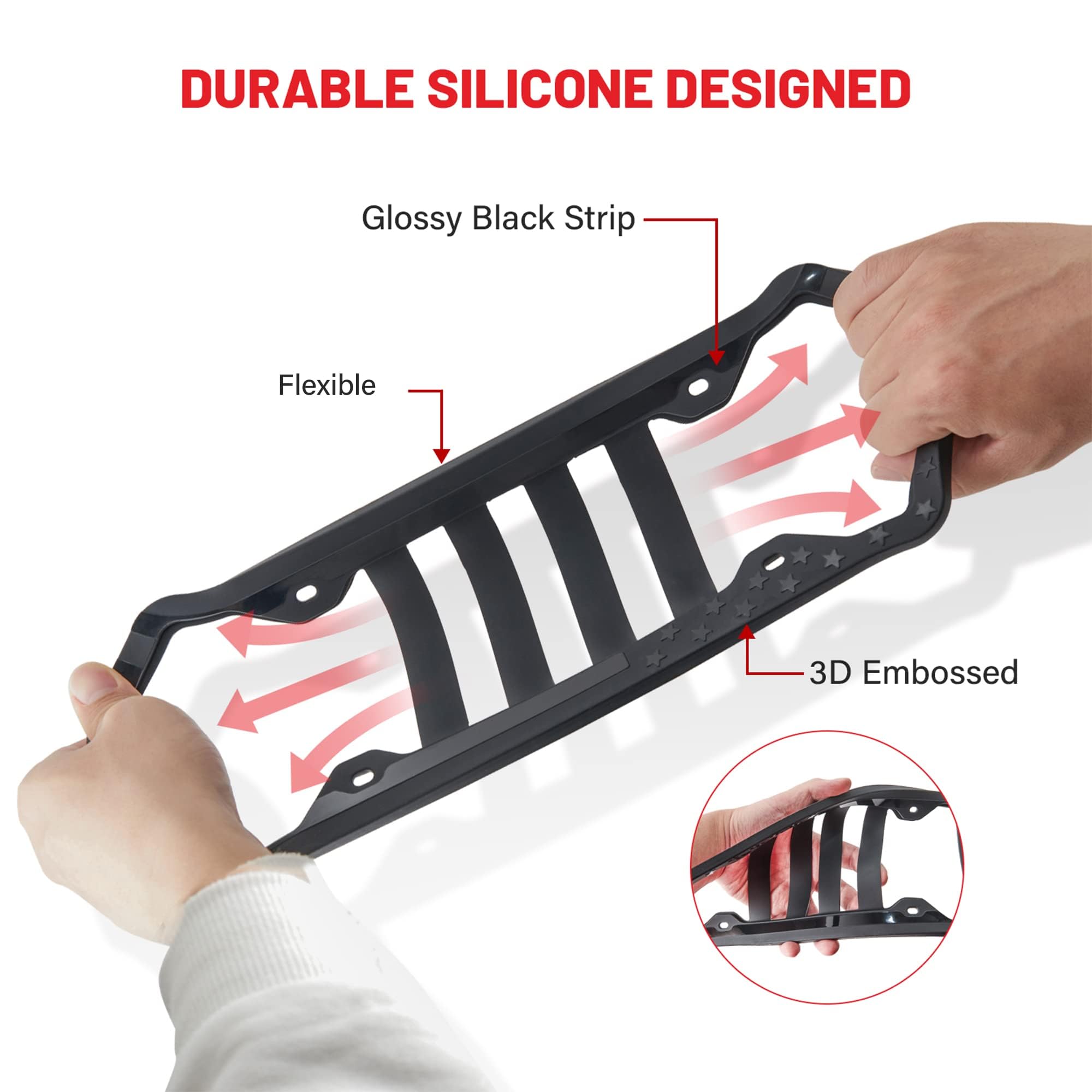 RED WOLF Silicone License Plate Frame American Flag Auto Tag, Subdued 3D Stars and Stripes USA Flag Front Rear License Plate Bra